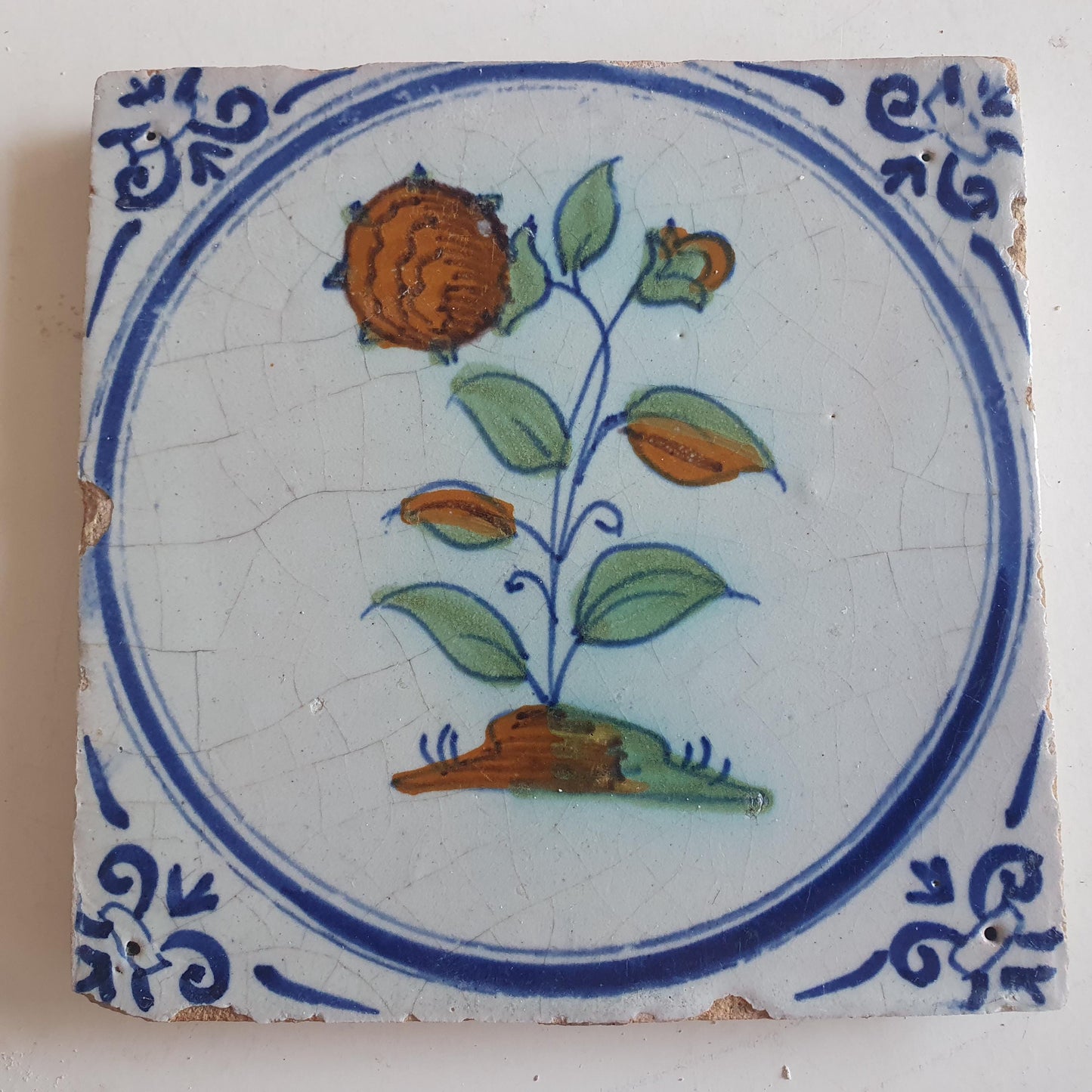 Antique Dutch Tile - polychrome flower - Dated around 1625, delft holland golden century
