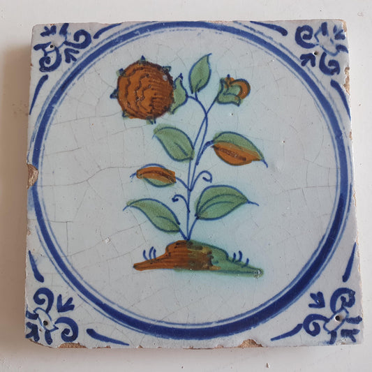 Antique Dutch Tile - polychrome flower - Dated around 1625, delft holland golden century
