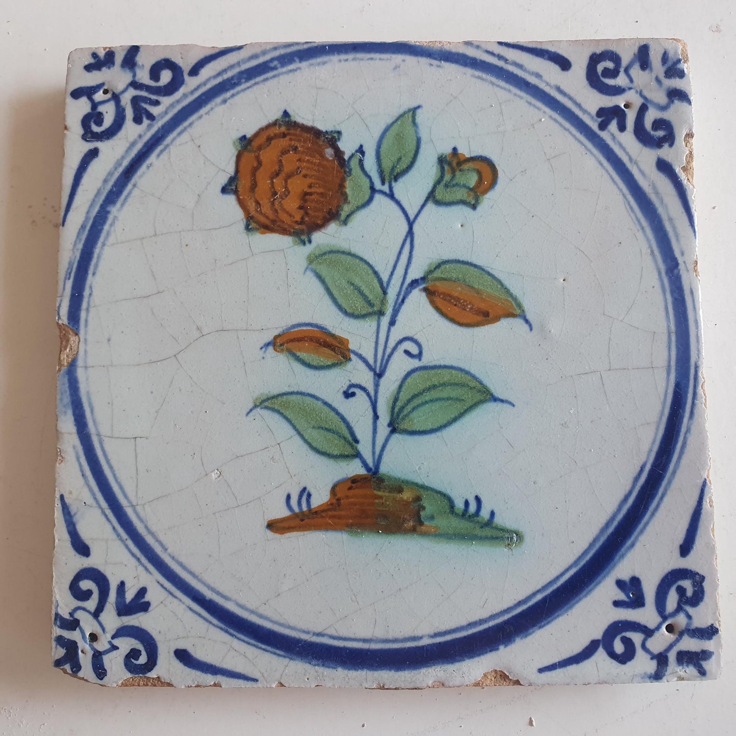Antique Dutch Tile - polychrome flower - Dated around 1625, delft holland golden century