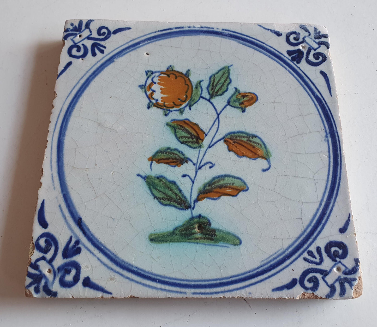 Antique Dutch Tile - polychrome flower - Dated around 1625, delft holland golden century