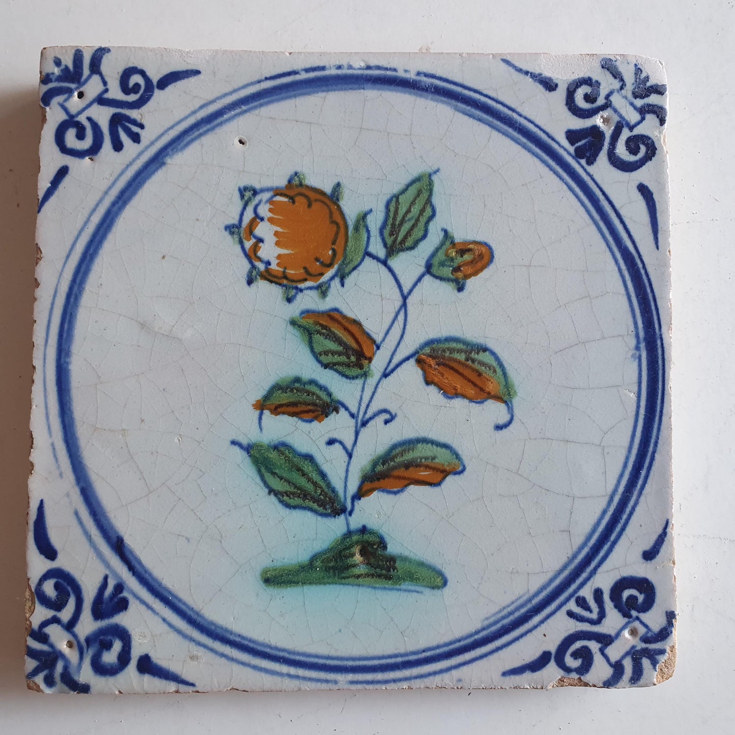 Antique Dutch Tile - polychrome flower - Dated around 1625, delft holland golden century