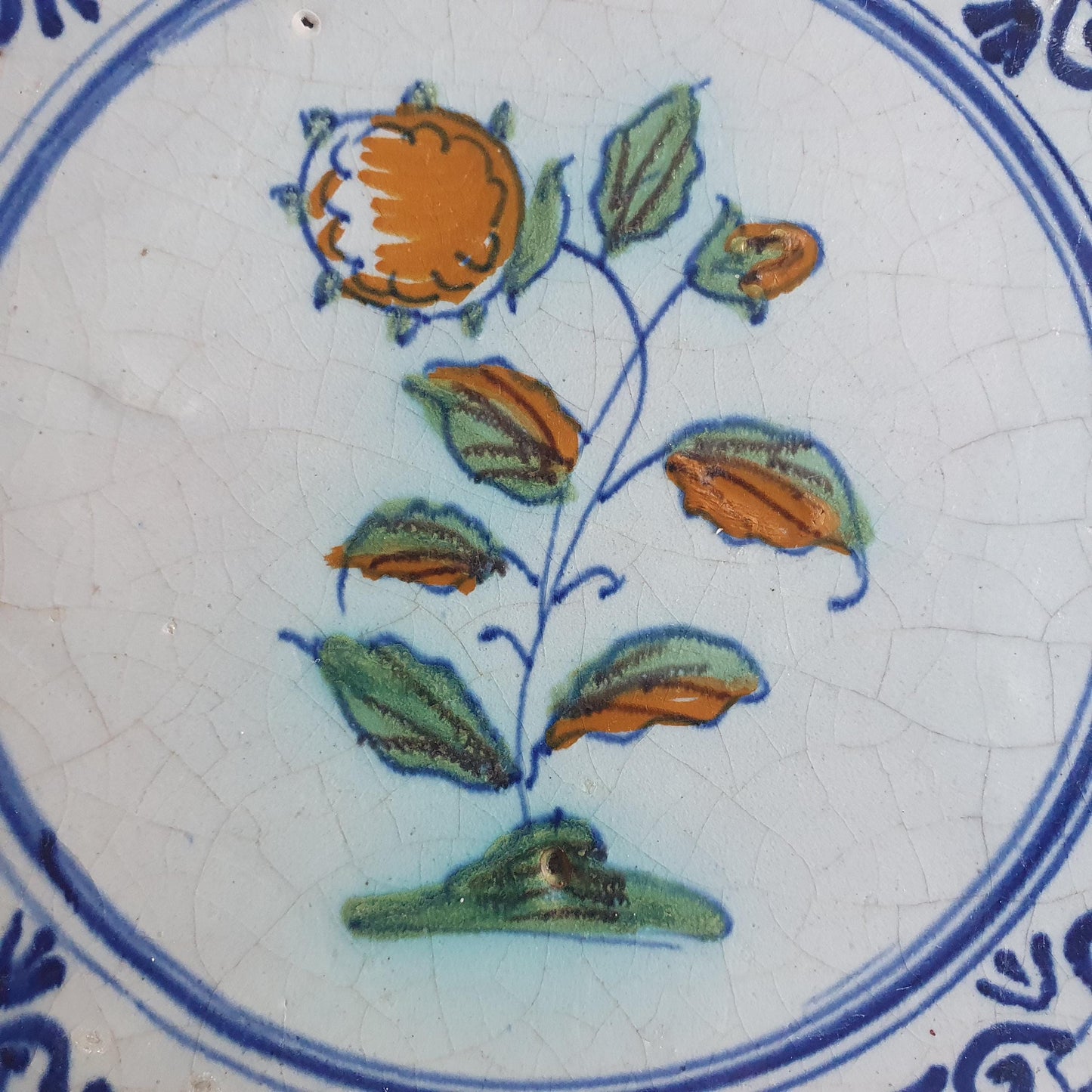 Antique Dutch Tile - polychrome flower - Dated around 1625, delft holland golden century