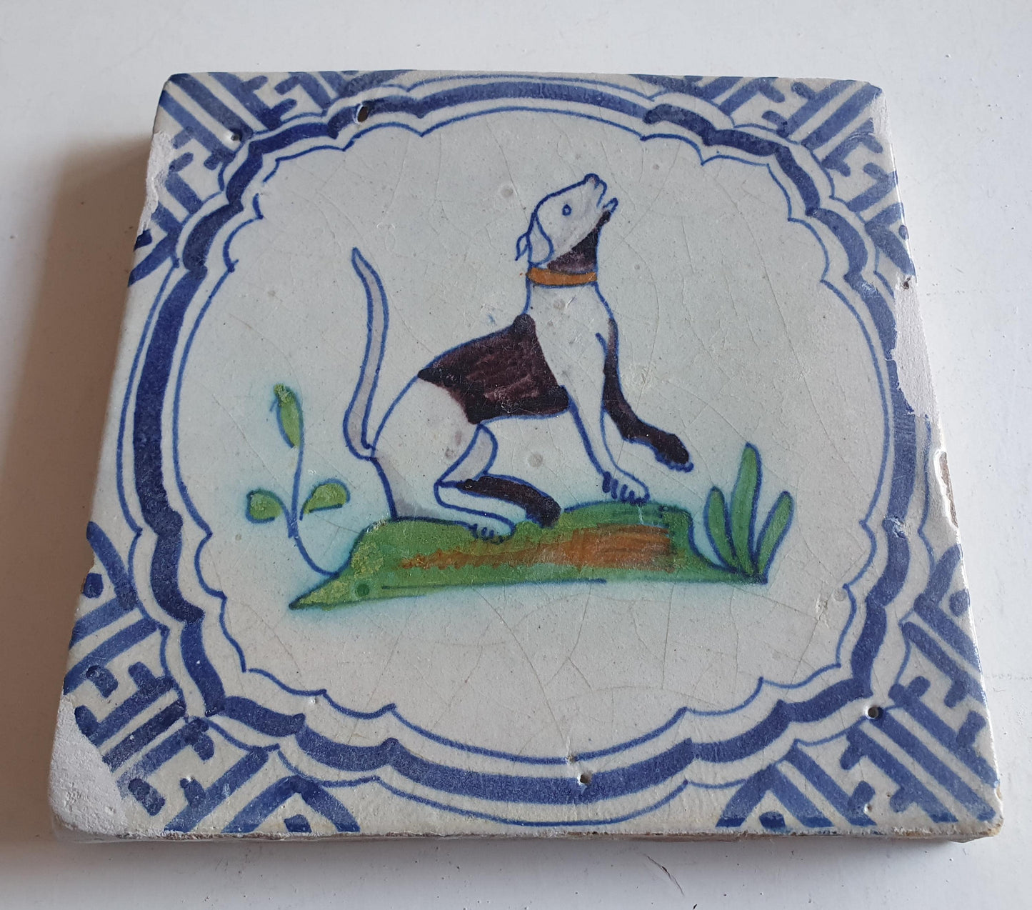 Antique Delft Tile – Polychrome Dog Design, 17th Century