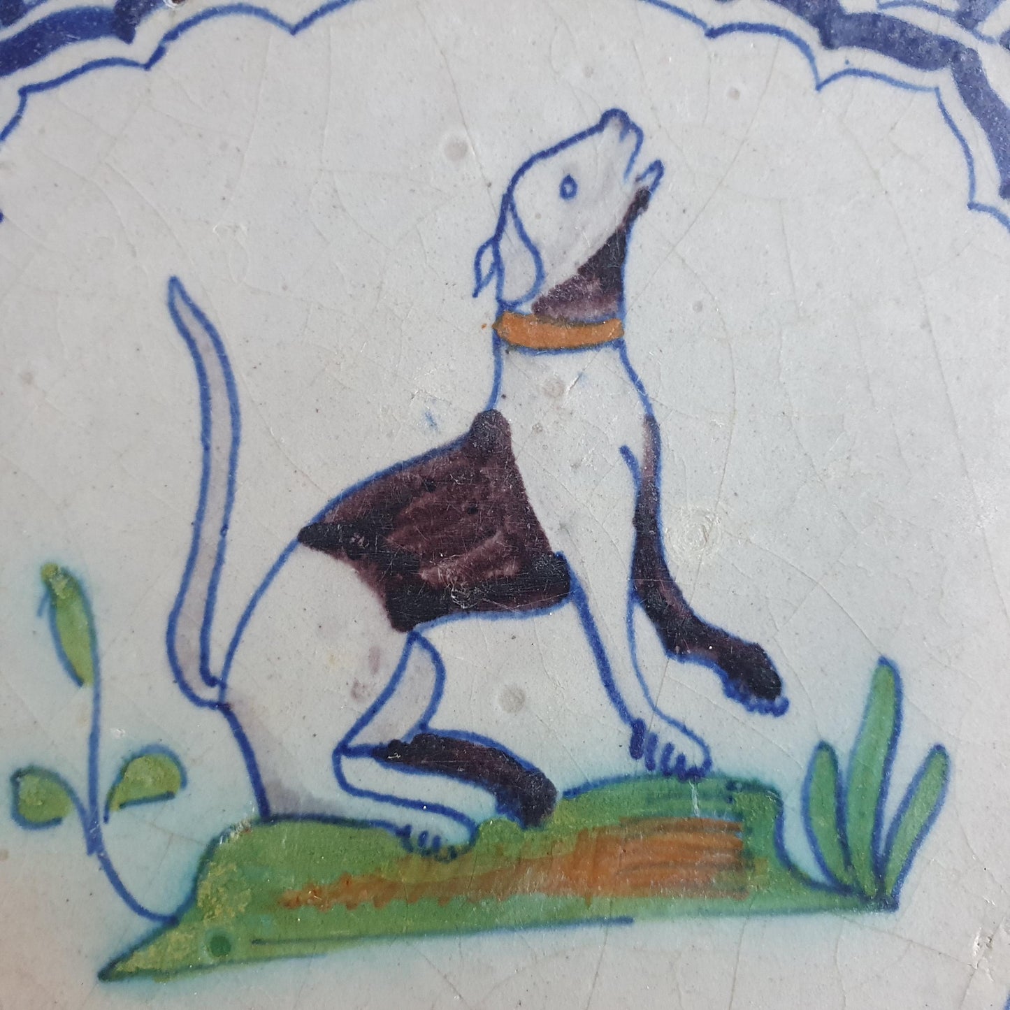 Antique Delft Tile – Polychrome Dog Design, 17th Century