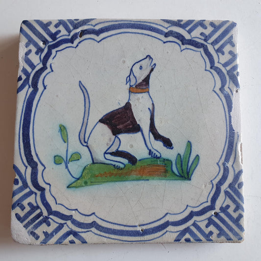 Antique Delft Tile – Polychrome Dog Design, 17th Century