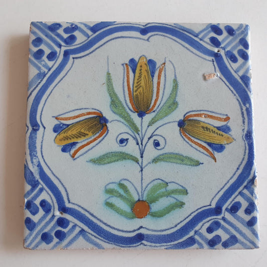 Antique Delft Tile – 17th Century Dutch Polychrome Flower