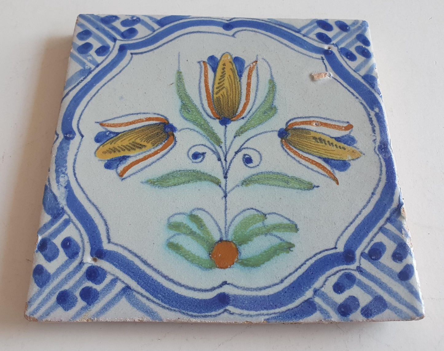Antique Delft Tile – 17th Century Dutch Polychrome Flower