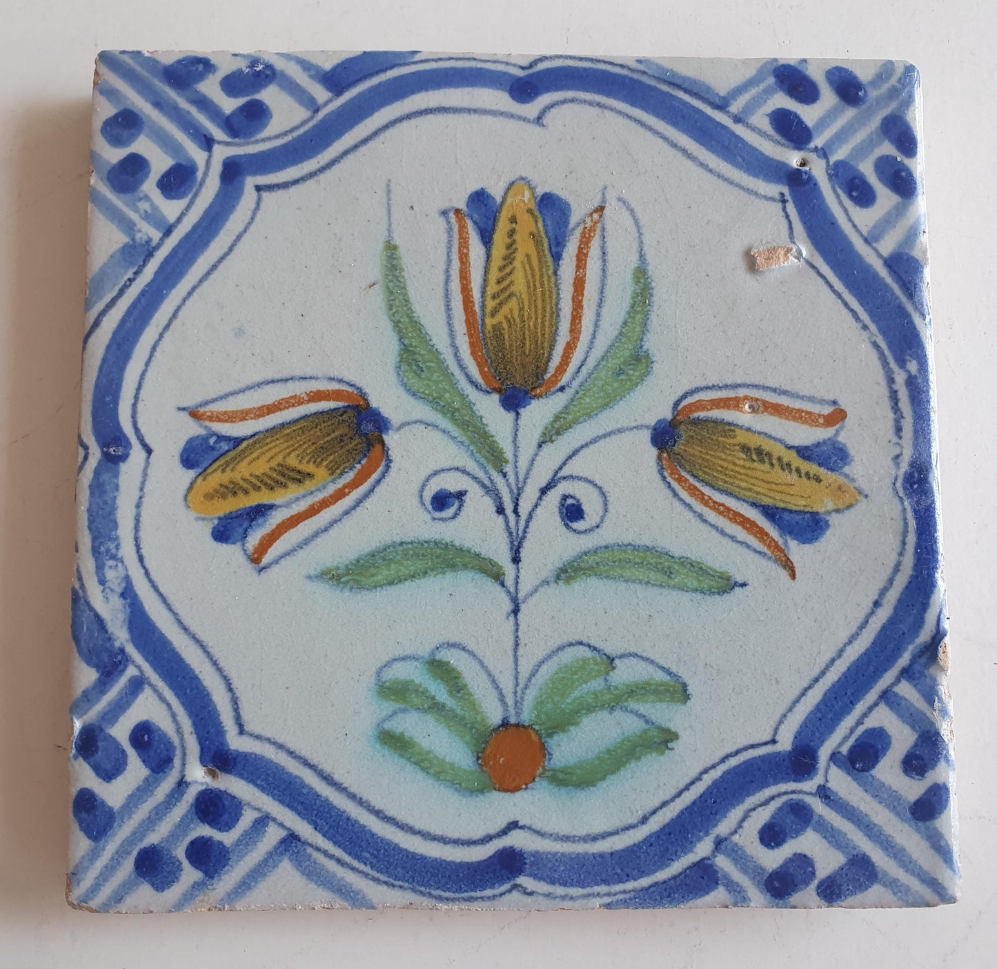 Antique Delft Tile – 17th Century Dutch Polychrome Flower