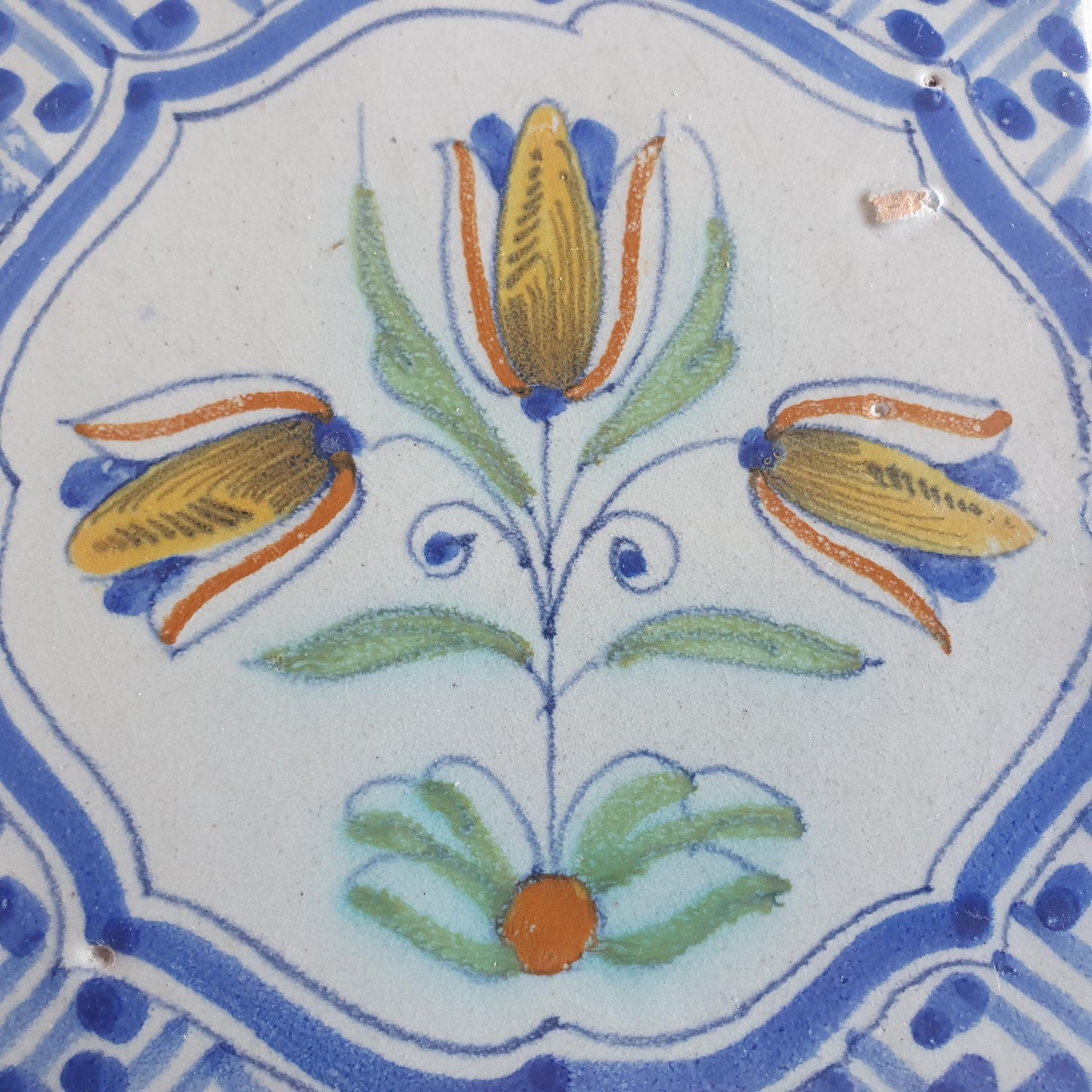 Antique Delft Tile – 17th Century Dutch Polychrome Flower