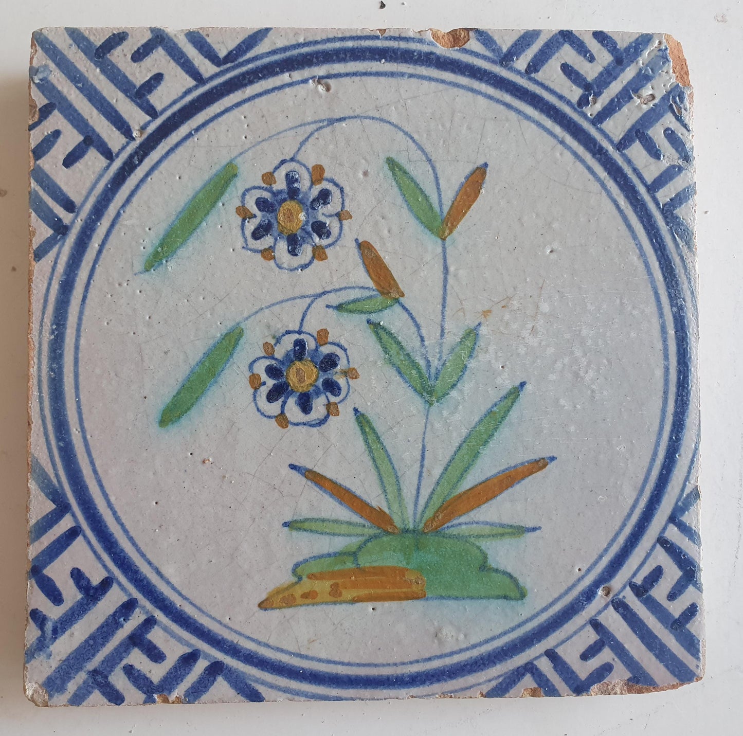 Antique Delft Tile – 17th Century Dutch Floral Majolica