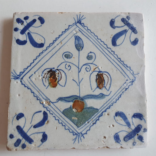 dutch delft  tile  tulip , Nederlands antiek polychroom - tegel met tulp in postzegel square kwadraattegel