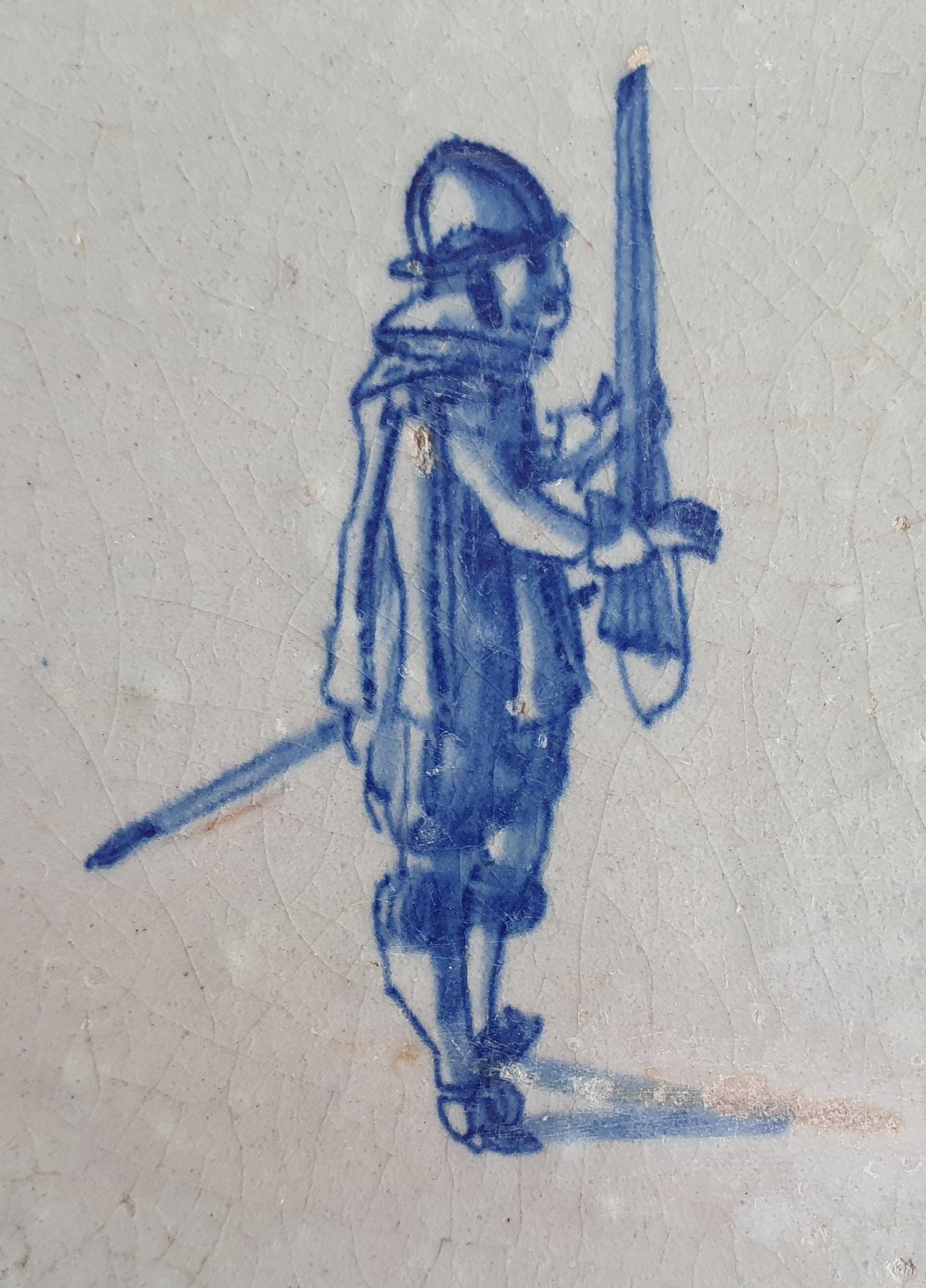 Antique Delft Tile - 17th Century Dutch Soldier, Oxhead Corner