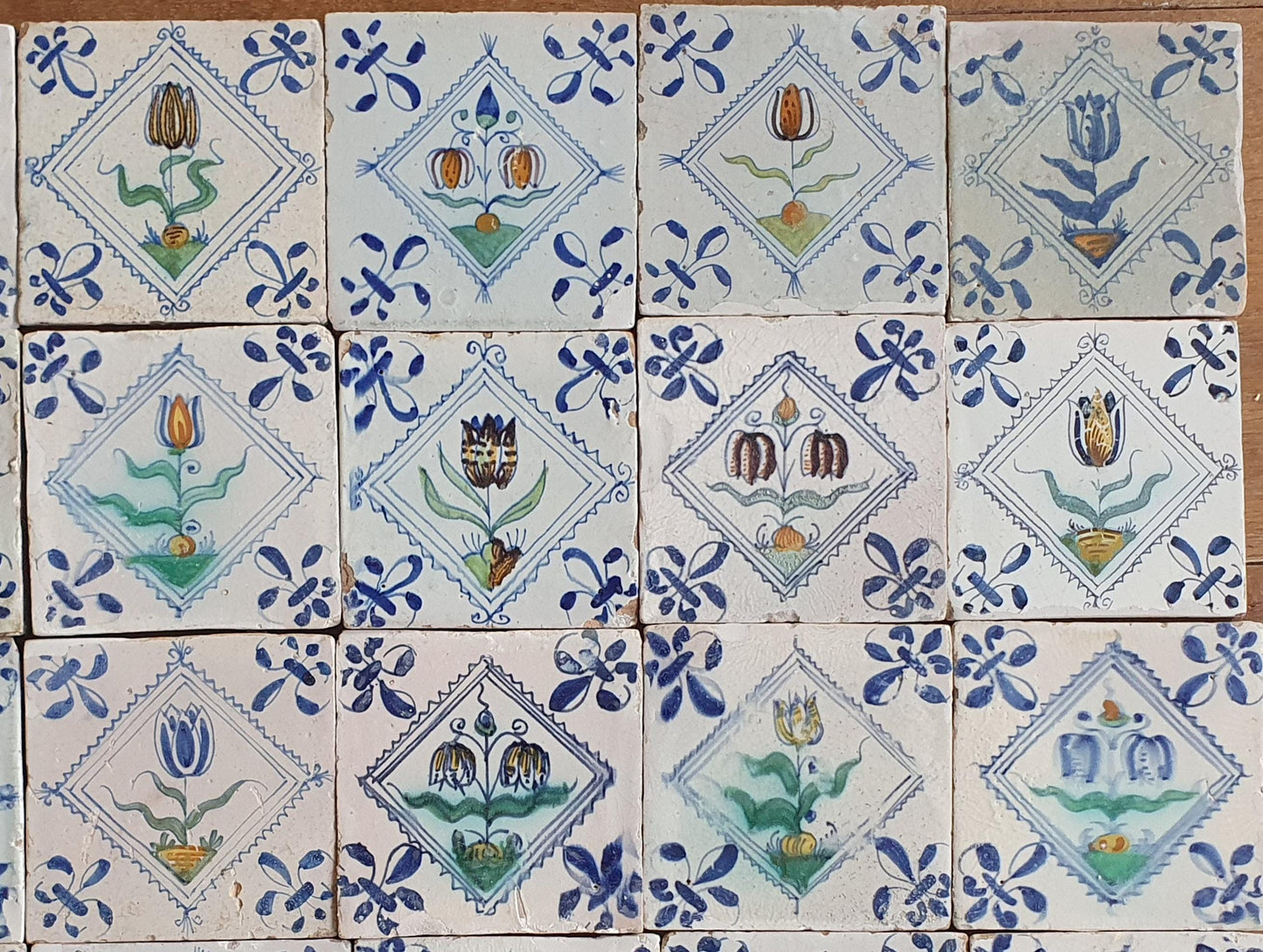 35 Antique Delft Tiles, Polychrome Tulips, c. 1640