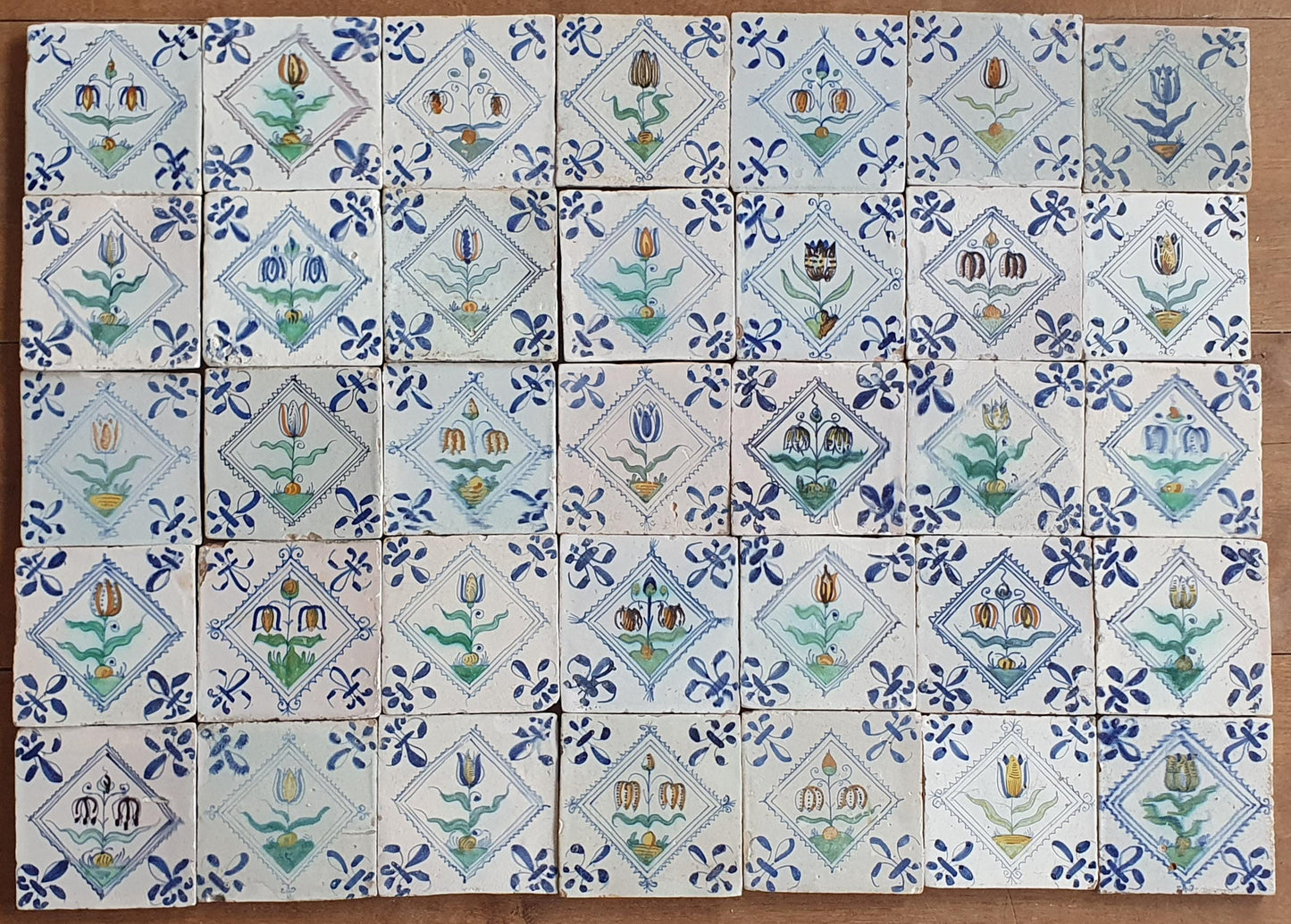 35 Antique Delft Tiles, Polychrome Tulips, c. 1640