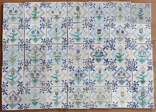 35 Antique Delft Tiles, Polychrome Tulips, c. 1640