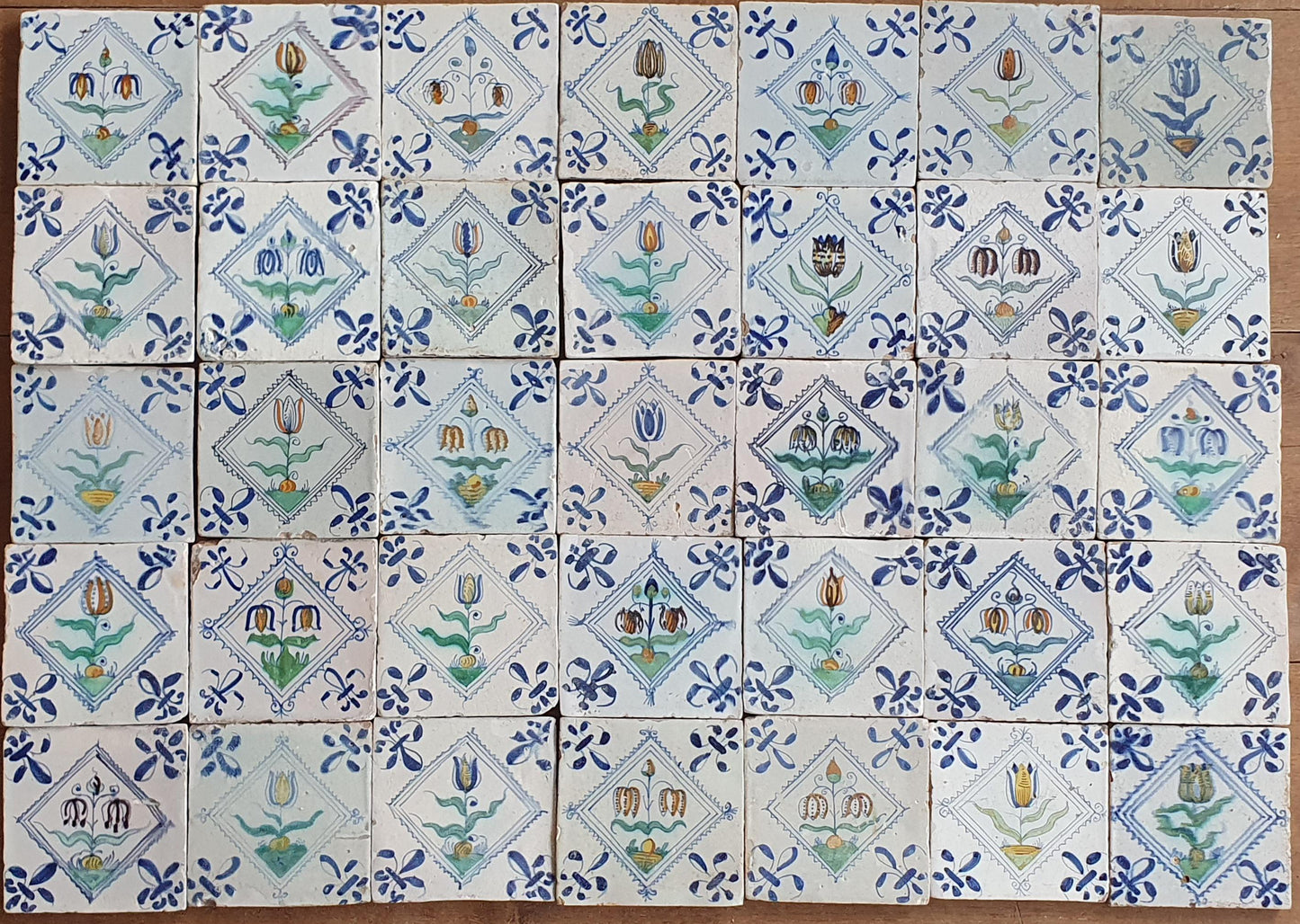35 Antique Delft Tiles, Polychrome Tulips, c. 1640