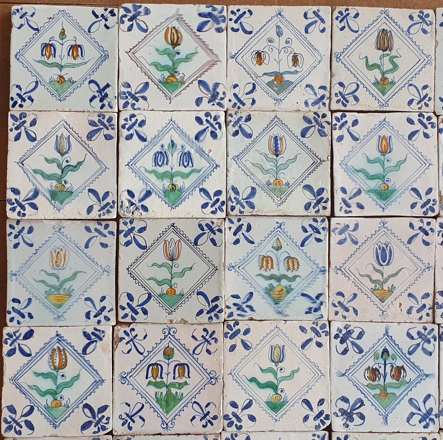 35 Antique Delft Tiles, Polychrome Tulips, c. 1640