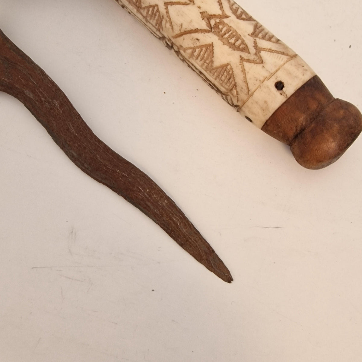 Antique Indonesian Keris Dagger, Carved Bone Handle, Wavy Blade