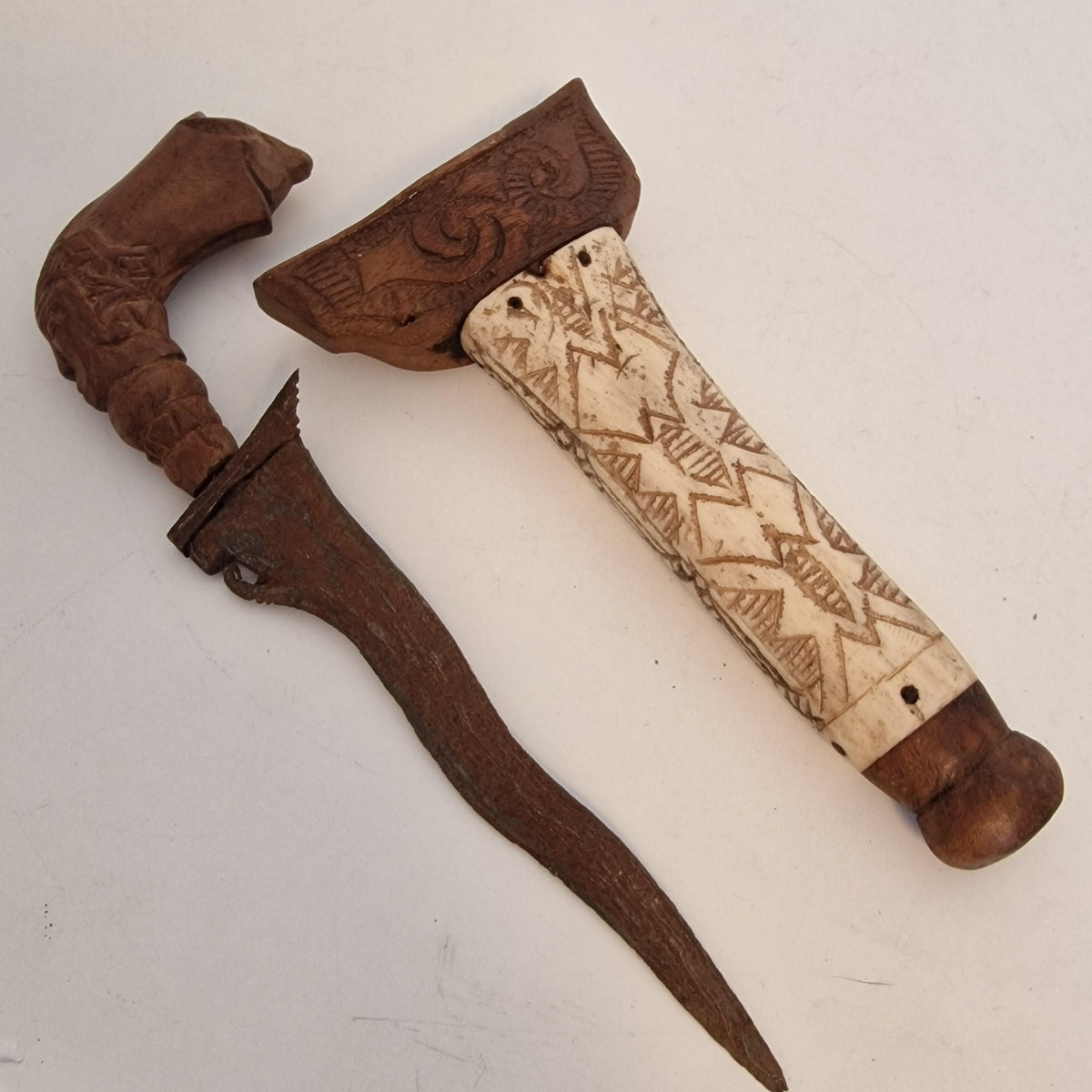 Antique Indonesian Keris Dagger, Carved Bone Handle, Wavy Blade