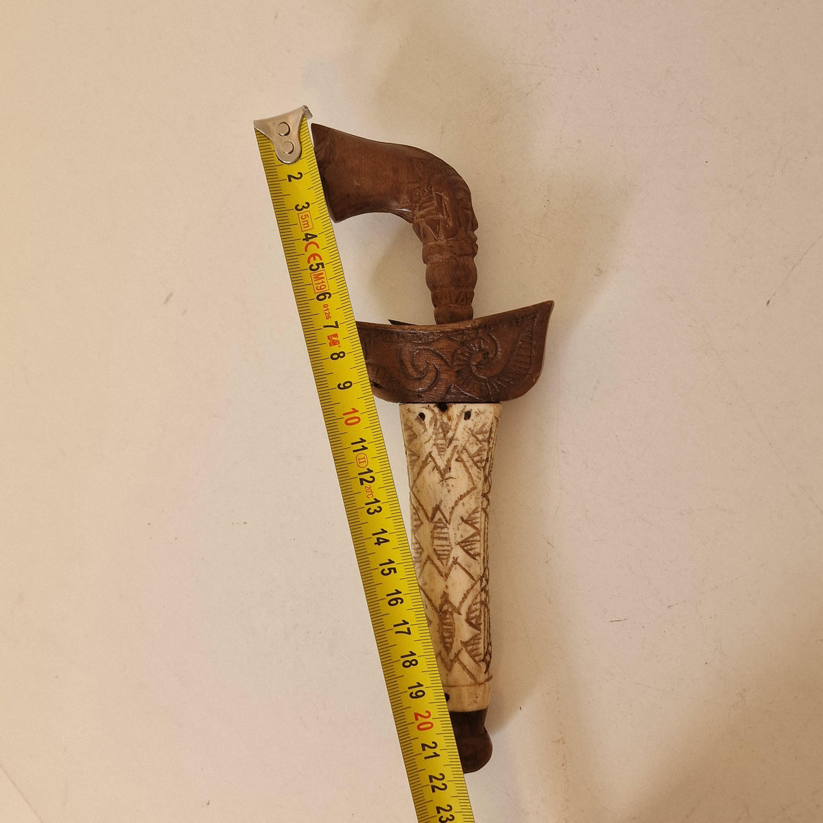 Antique Indonesian Keris Dagger, Carved Bone Handle, Wavy Blade