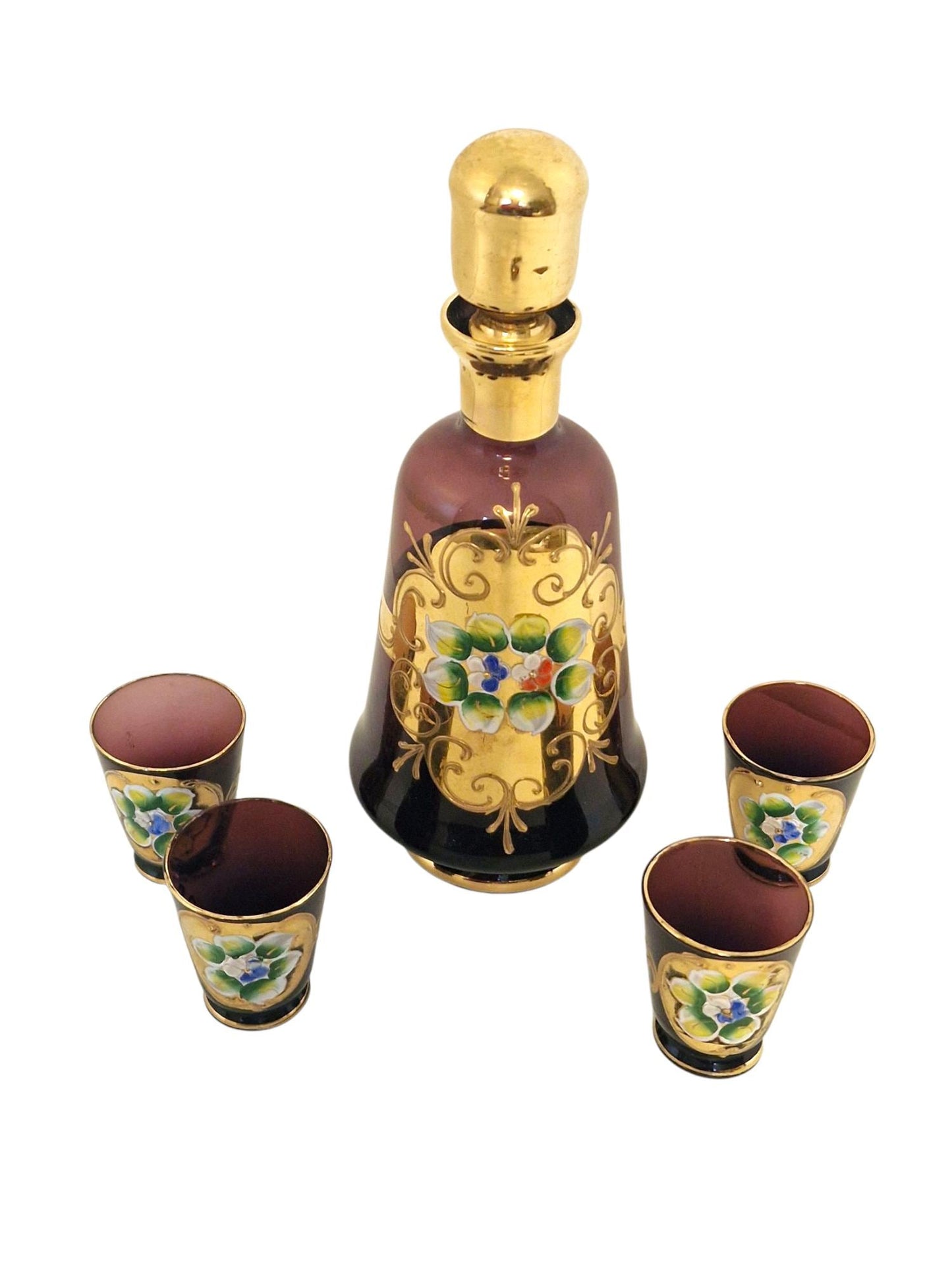 Murano Venetian Decanter & Glasses Set, 24K Gold Hand-Painted Liquor Carafe, Mid-Century Italy