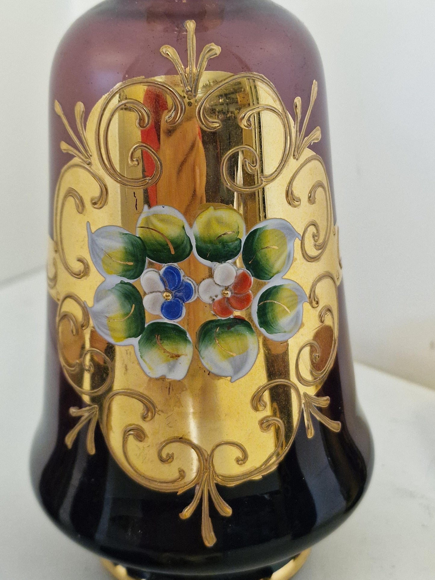 Murano Venetian Decanter & Glasses Set, 24K Gold Hand-Painted Liquor Carafe, Mid-Century Italy