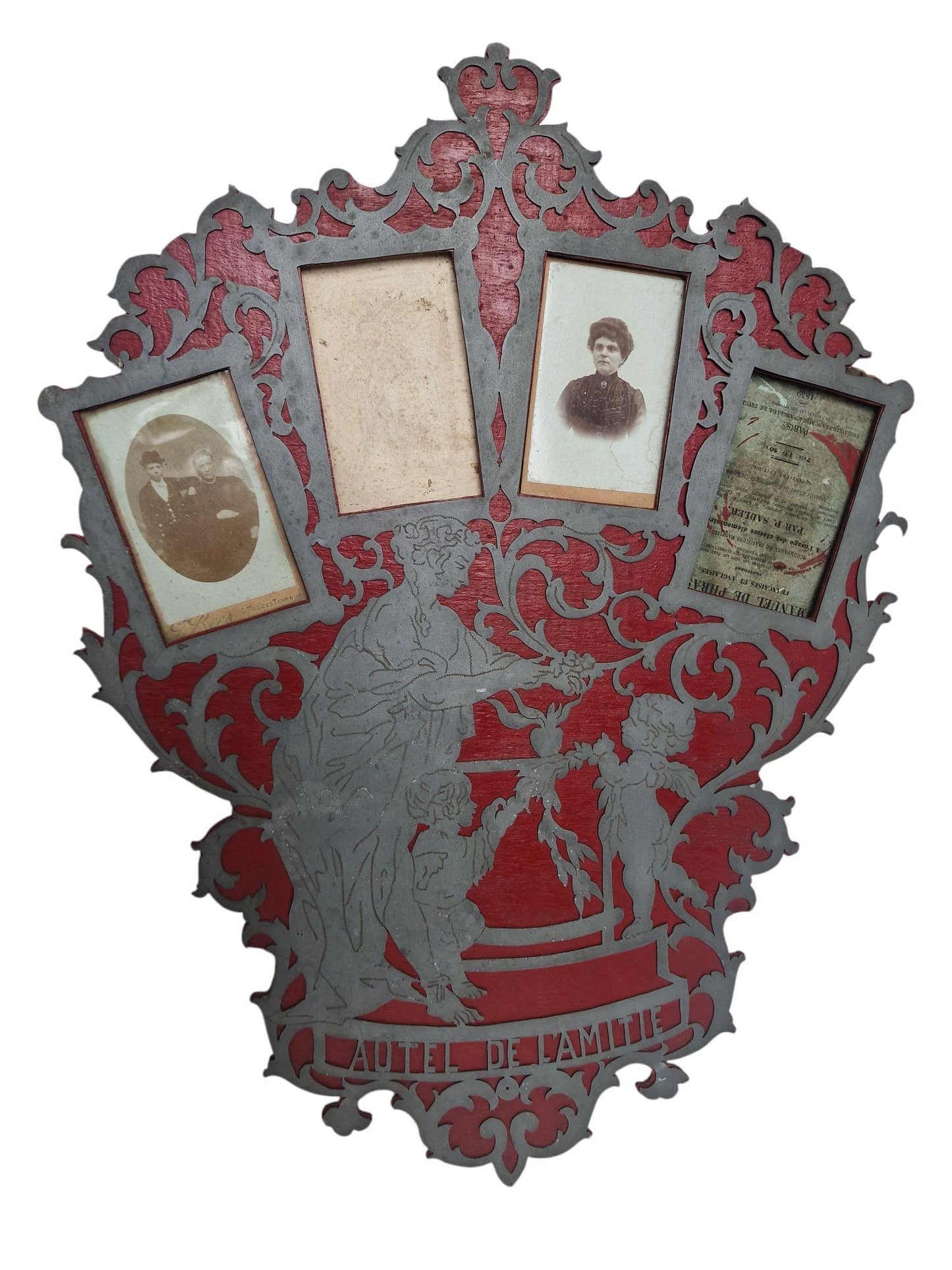 Victorian Photo Plaque, "Autel de l’Amitié", French Hand-Cut Wood, Cherub Decor