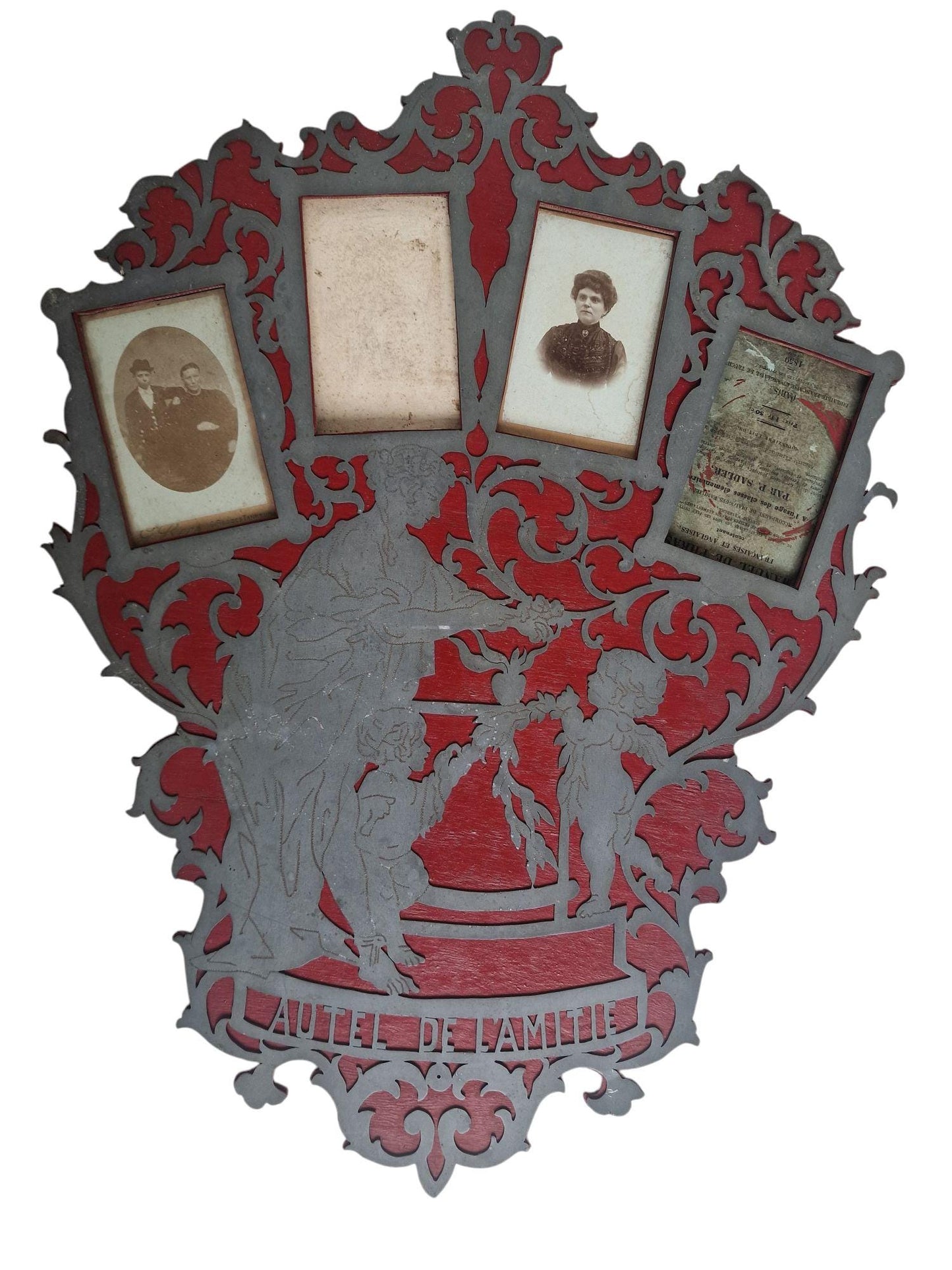 Victorian Photo Plaque, "Autel de l’Amitié", French Hand-Cut Wood, Cherub Decor