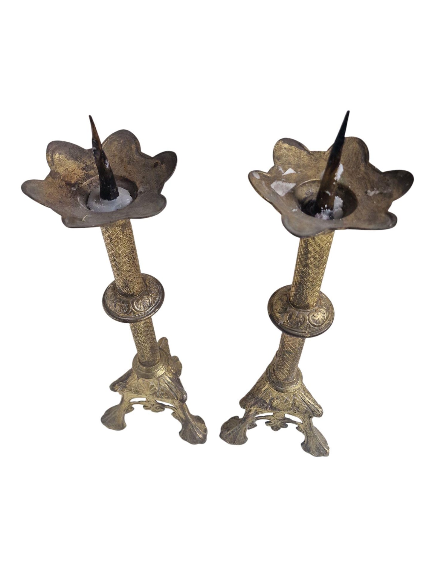 Antique Gilded Brass Altar Candlesticks, French Neogothic Decor, Pair