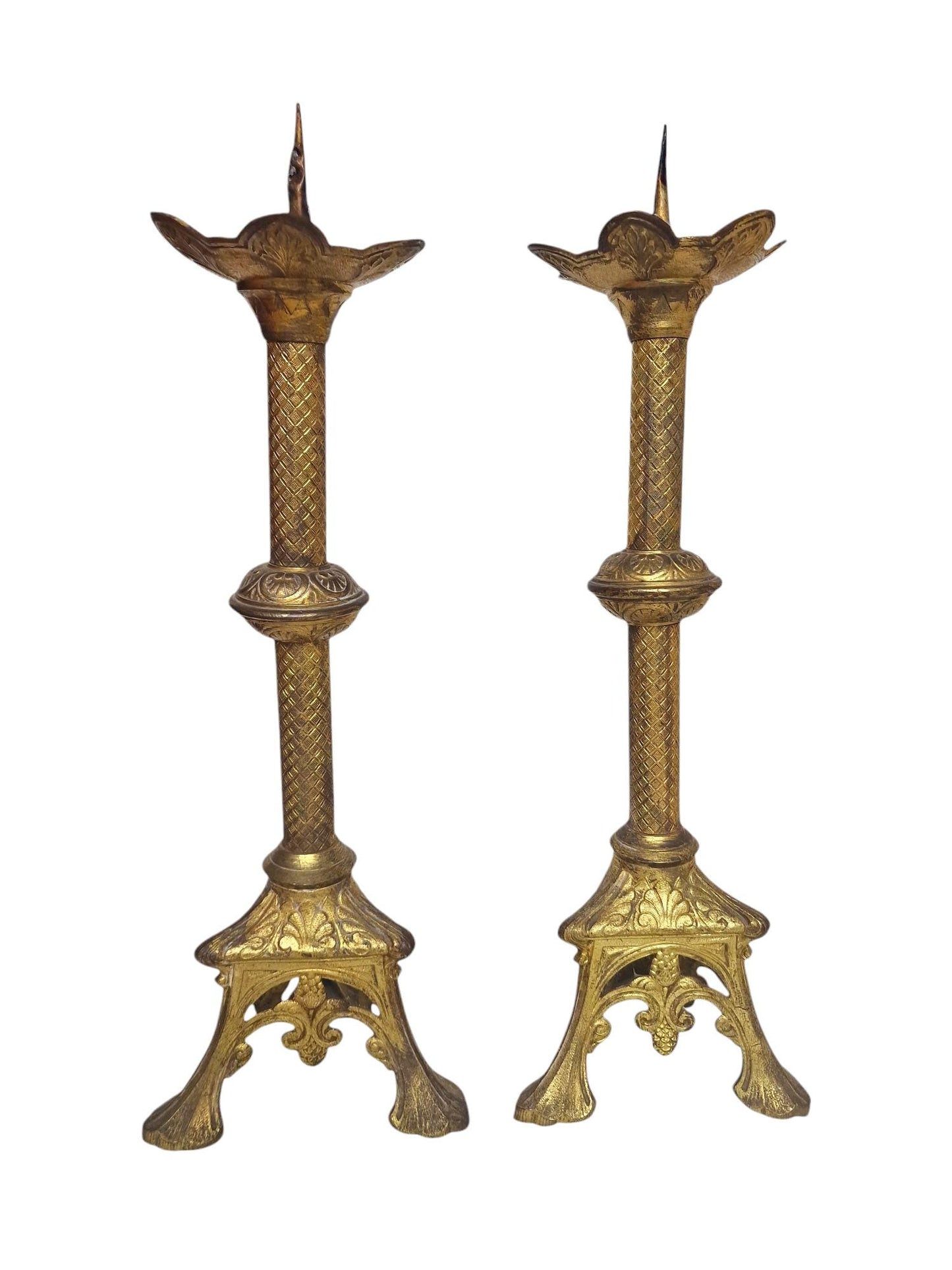 Antique Gilded Brass Altar Candlesticks, French Neogothic Decor, Pair
