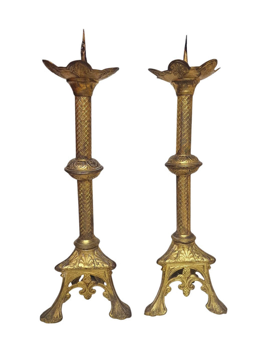 Antique Gilded Brass Altar Candlesticks, French Neogothic Decor, Pair