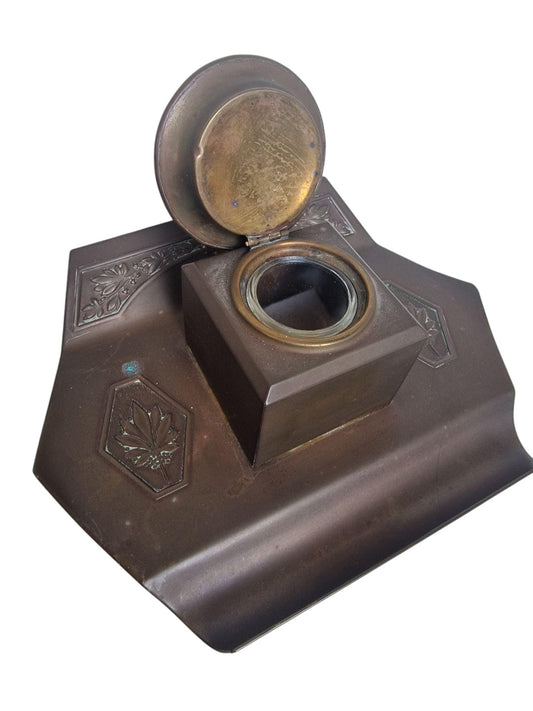Art Nouveau Bronze Inkwell, Jugendstil Desk Accessory, Antique Glass Ink Pot