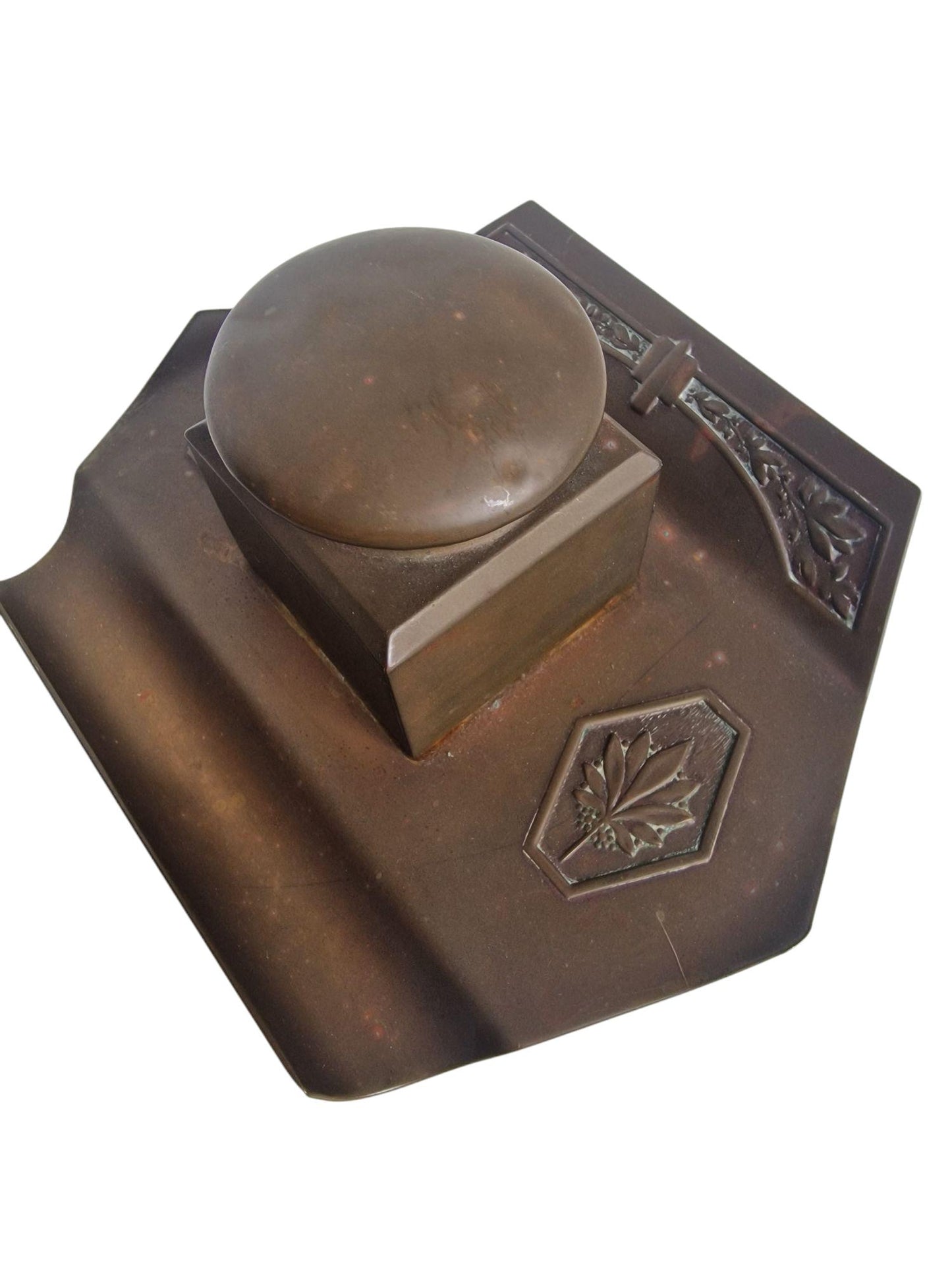 Art Nouveau Bronze Inkwell, Jugendstil Desk Accessory, Antique Glass Ink Pot