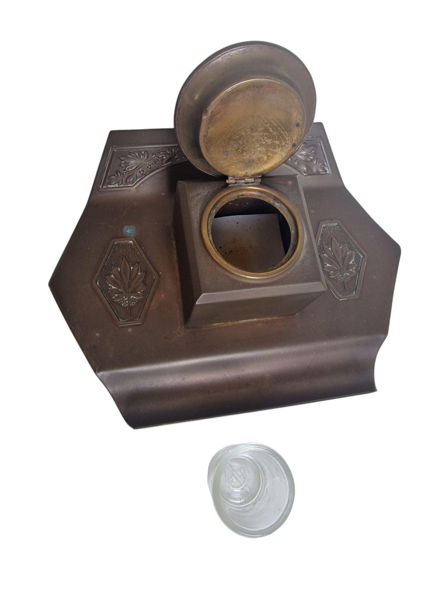 Art Nouveau Bronze Inkwell, Jugendstil Desk Accessory, Antique Glass Ink Pot