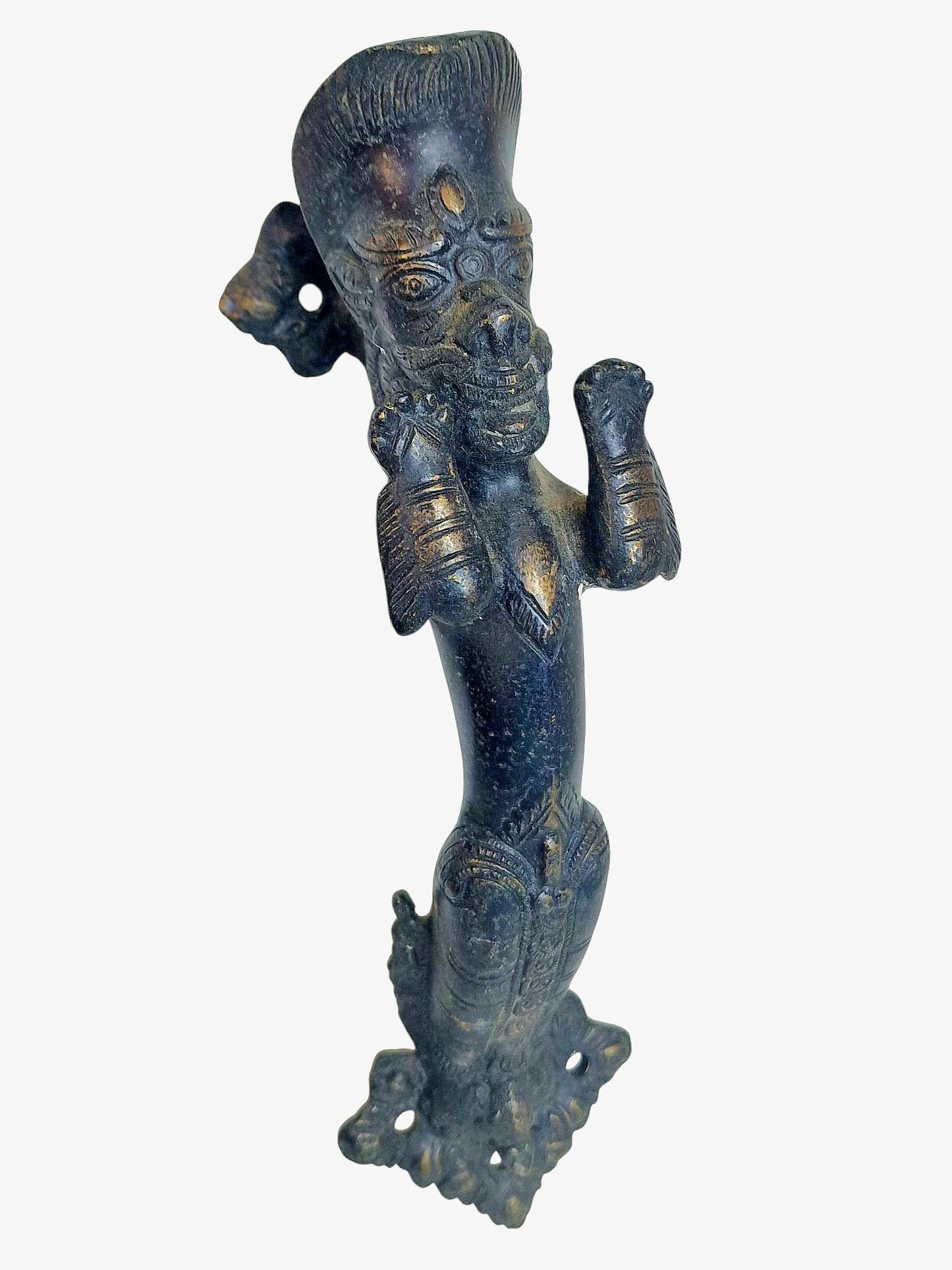 Antique Bronze Hindu Temple Door Handle, Guardian Deity, 19th C