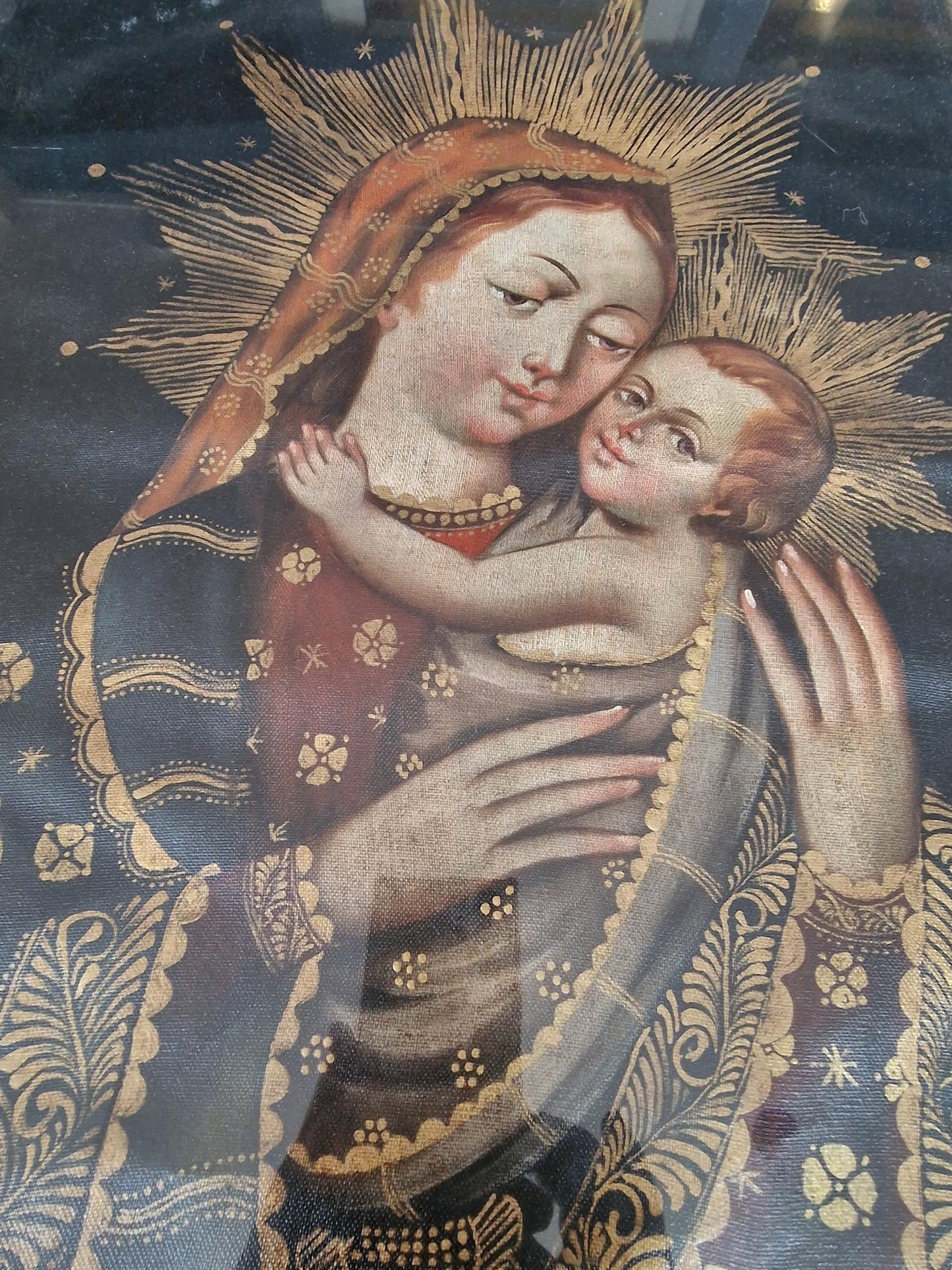 Madonna and Child Textile Painting, 18th Century Devotional Art