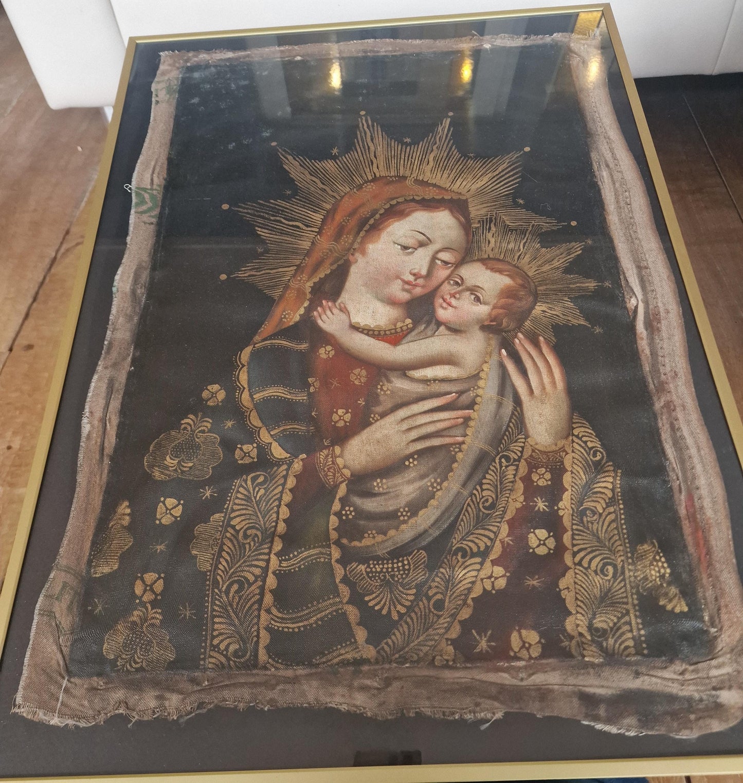 Madonna and Child Textile Painting, 18th Century Devotional Art