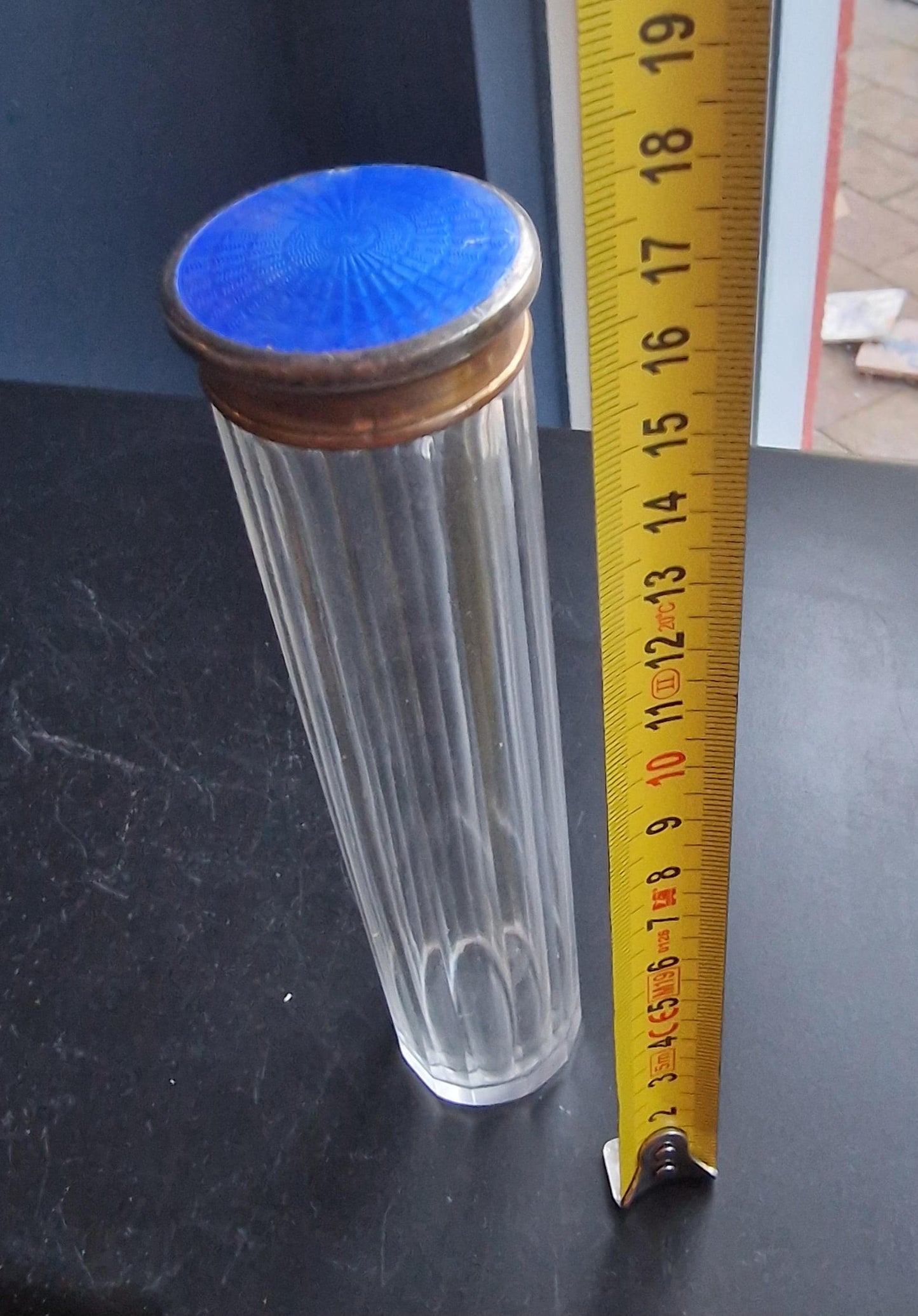 Art Deco Perfume Bottle, Blue Guilloché Enamel Lid, Vintage Glass Flacon