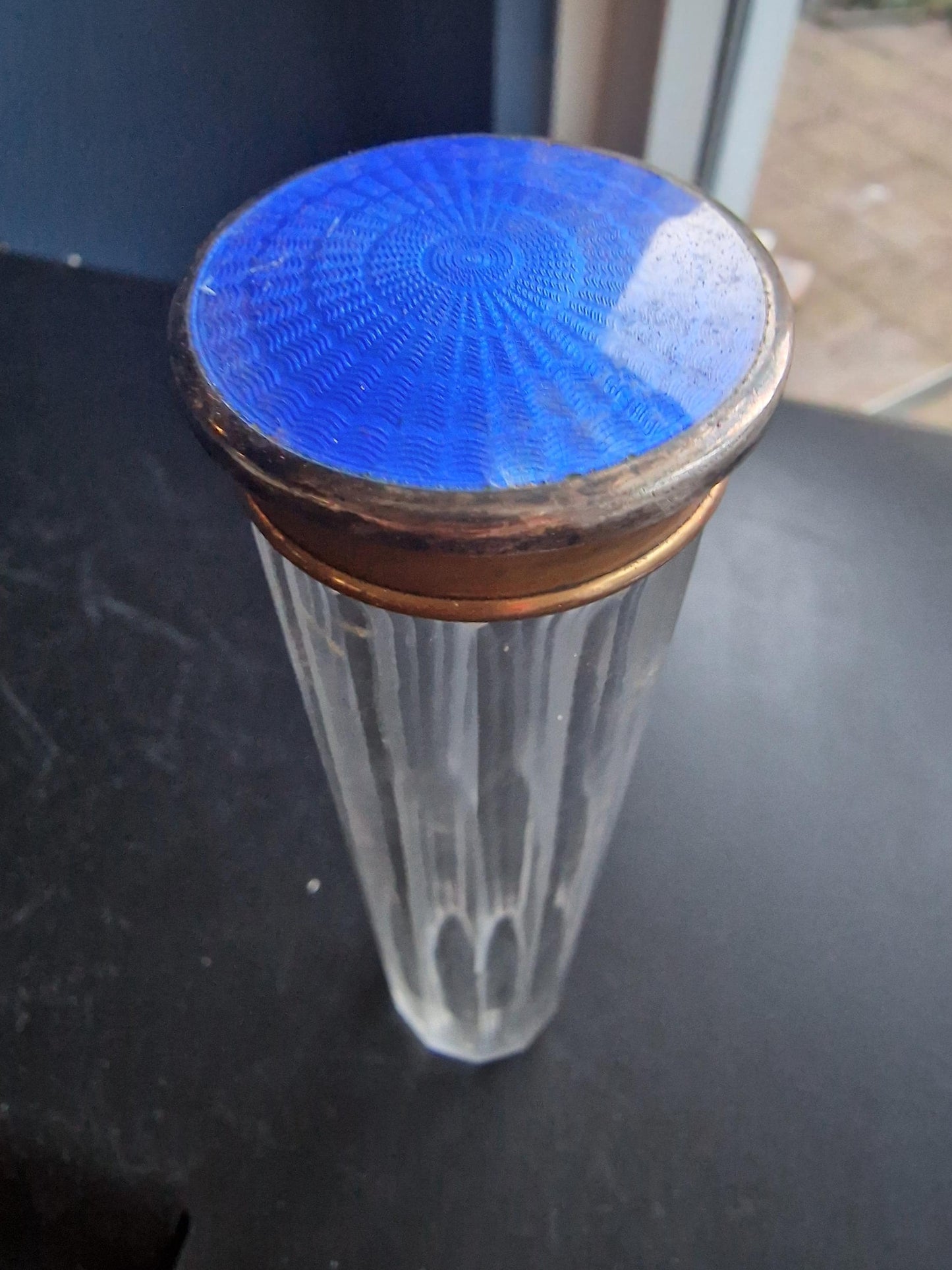Art Deco Perfume Bottle, Blue Guilloché Enamel Lid, Vintage Glass Flacon
