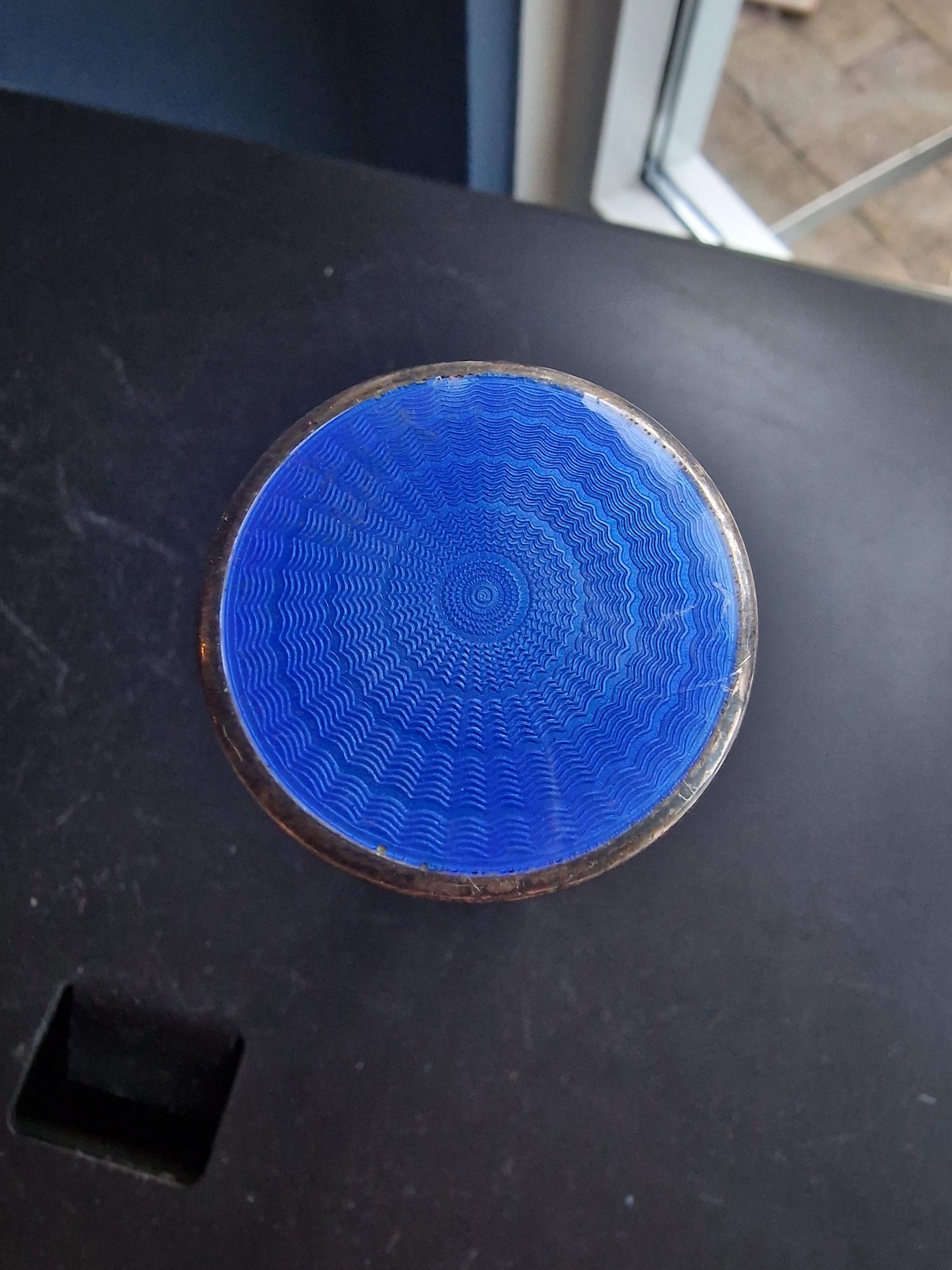 Art Deco Perfume Bottle, Blue Guilloché Enamel Lid, Vintage Glass Flacon