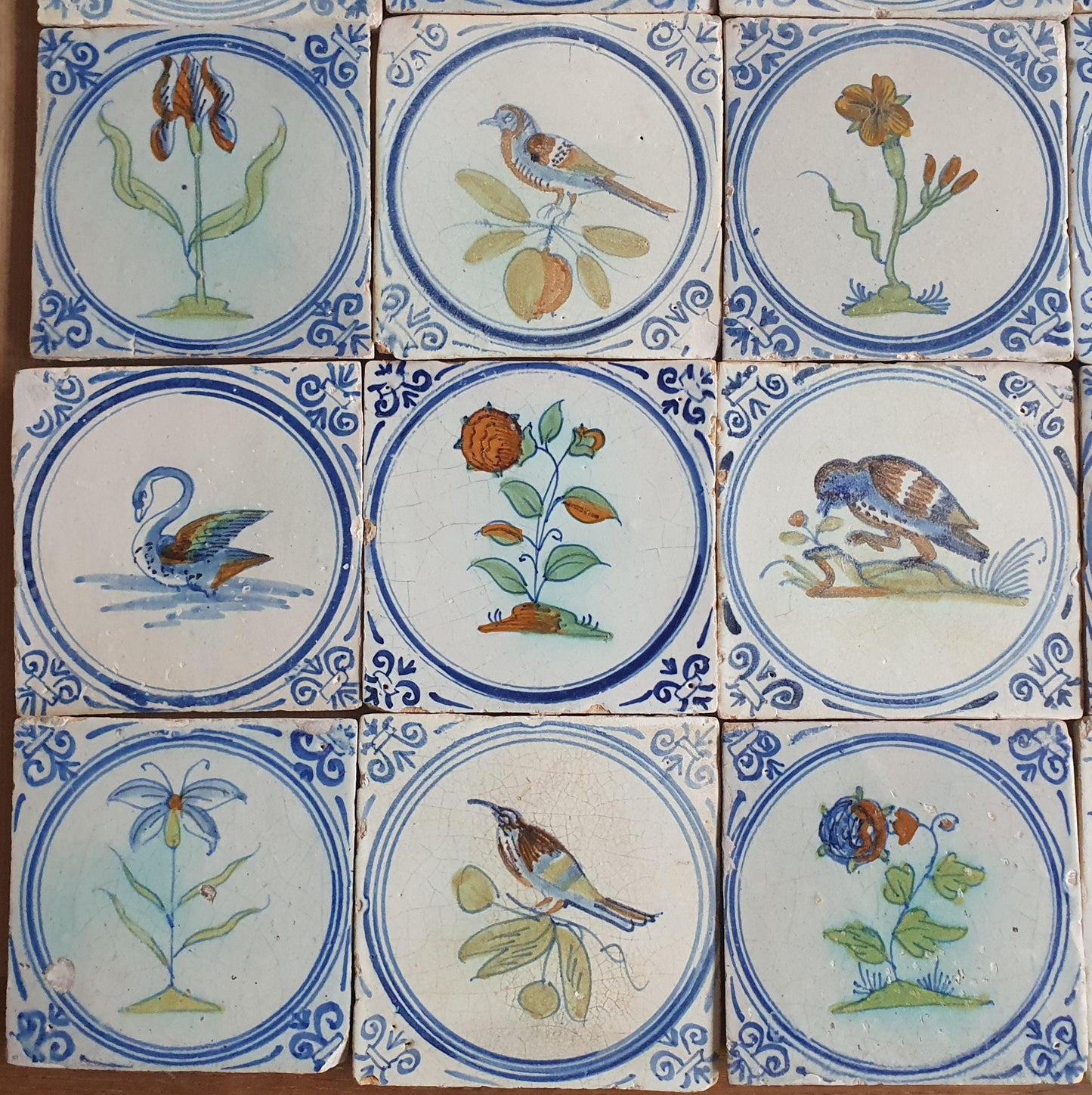 Antique Dutch Delft Tiles (16x)  Polychrome Flowers & Birds, 17th- around 1625