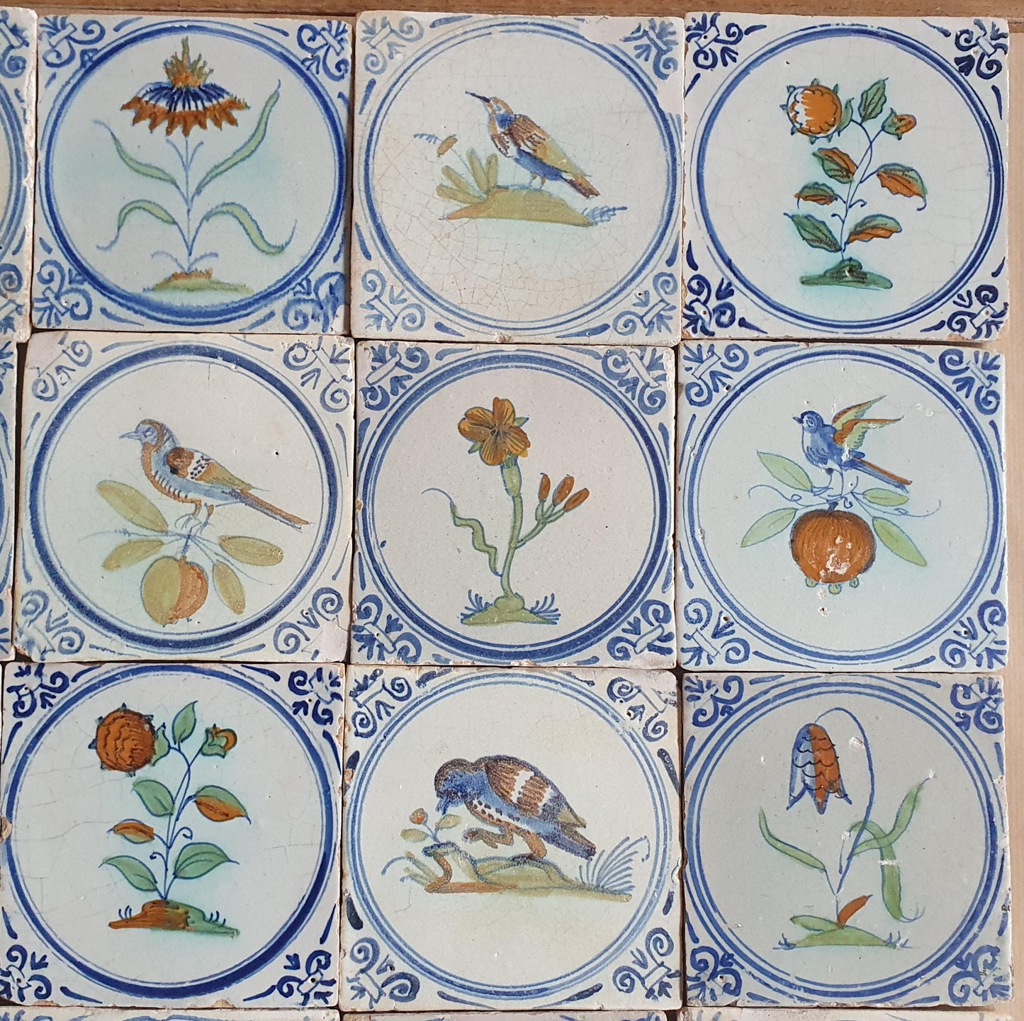 Antique Dutch Delft Tiles (16x)  Polychrome Flowers & Birds, 17th- around 1625