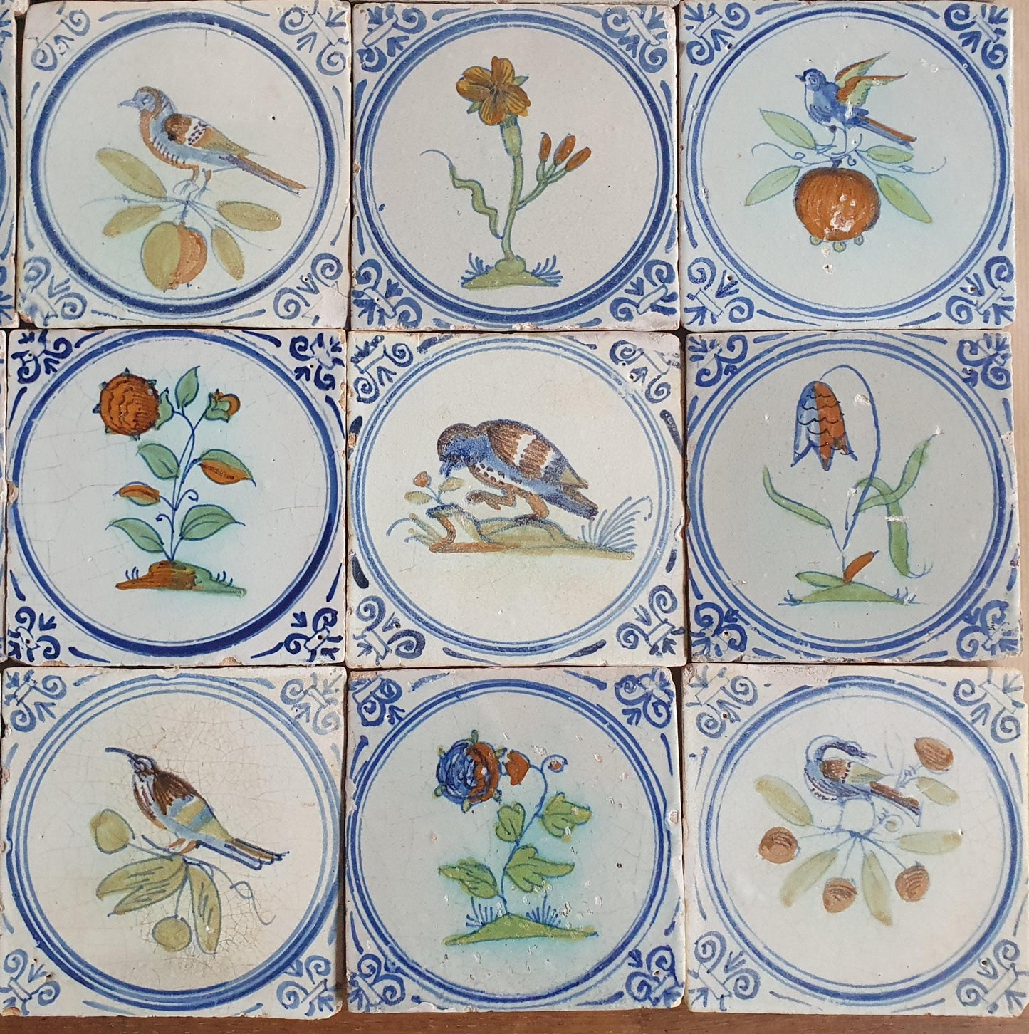 Antique Dutch Delft Tiles (16x)  Polychrome Flowers & Birds, 17th- around 1625