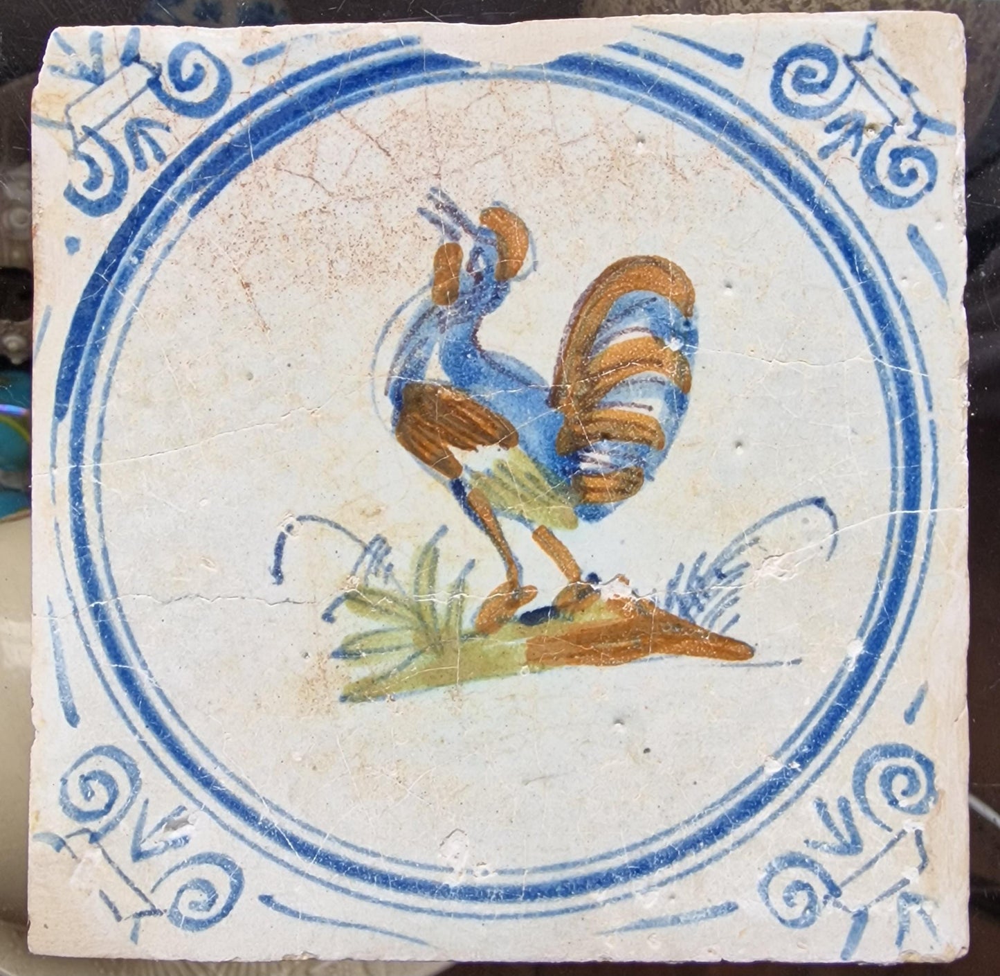 Antique Dutch Tile - polychrome with rooster  - Dated around 1625, delft holland golden century