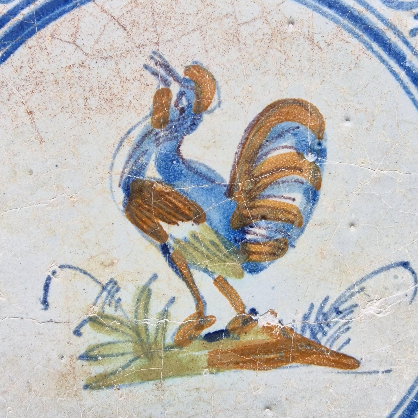 Antique Dutch Tile - polychrome with rooster  - Dated around 1625, delft holland golden century