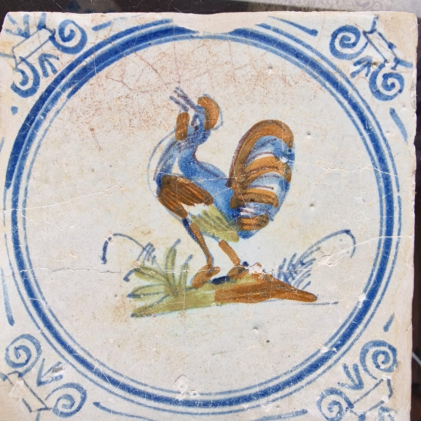 Antique Dutch Tile - polychrome with rooster  - Dated around 1625, delft holland golden century