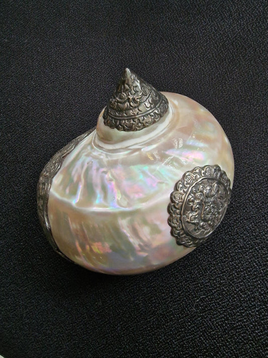 Vintage Ritual Conch Shell with Hand-Engraved Silver Mounts – Himalayan Decor