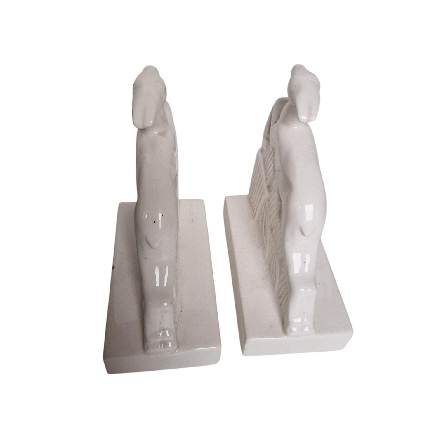 Art Deco Ceramic Leaping Deer Bookends, White Glazed