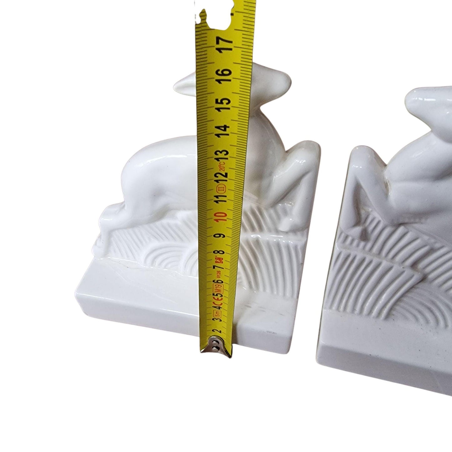 Art Deco Ceramic Leaping Deer Bookends, White Glazed