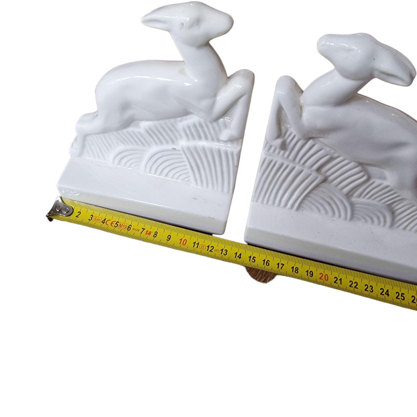 Art Deco Ceramic Leaping Deer Bookends, White Glazed